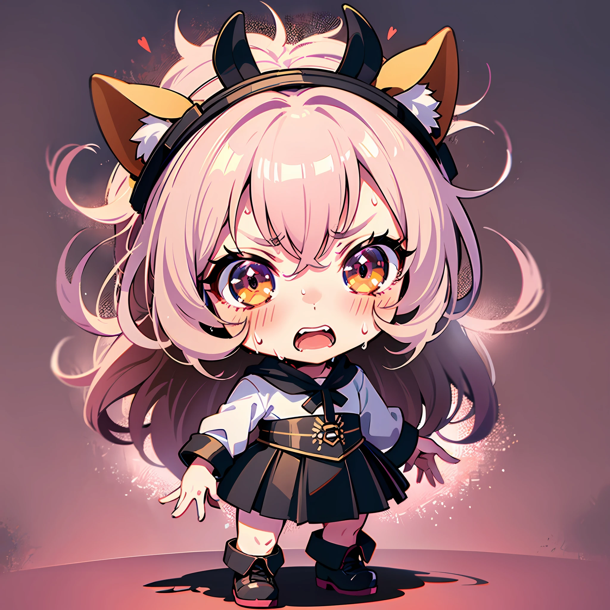 ((Chibi character)), fluffy, girl, ((complaining while sweating angrily in the intense heat every day)), chibi character, full body, pastel hair, masterpiece, best quality, 16k