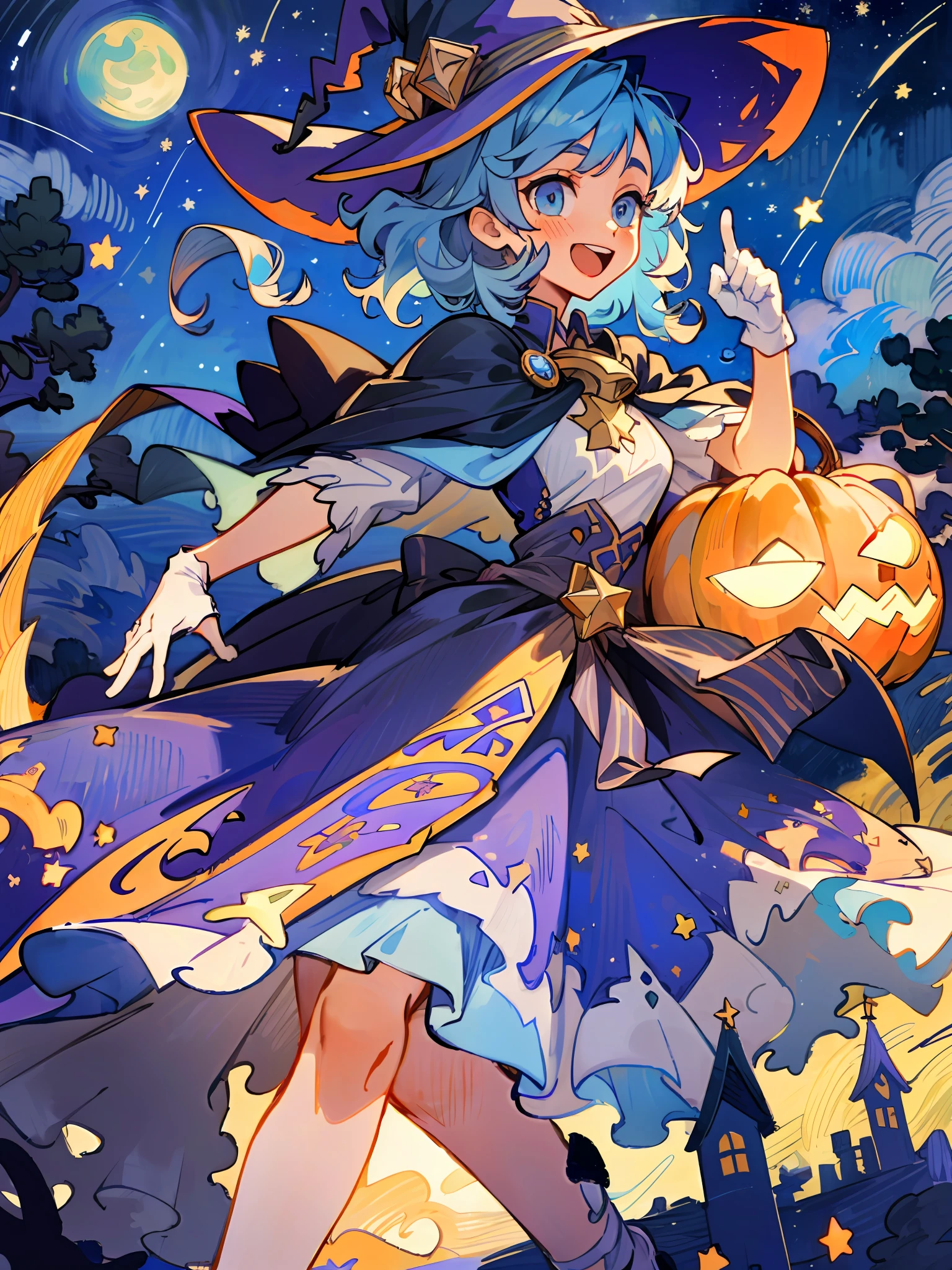 ((masterpiece:1.2, best quality)), 1girl, solo, (witch hat), a close up of a girl with curl hair, short hair, dress, aurora, night, star (sky), gloves, sky, dress, night sky, open mouth, starry sky, light blue eyes, ribbons, smile, cape, blue hair, magic, casting spell, night, (impressionism:1.4), alphonse mucha, Halloween colors, colorful candy