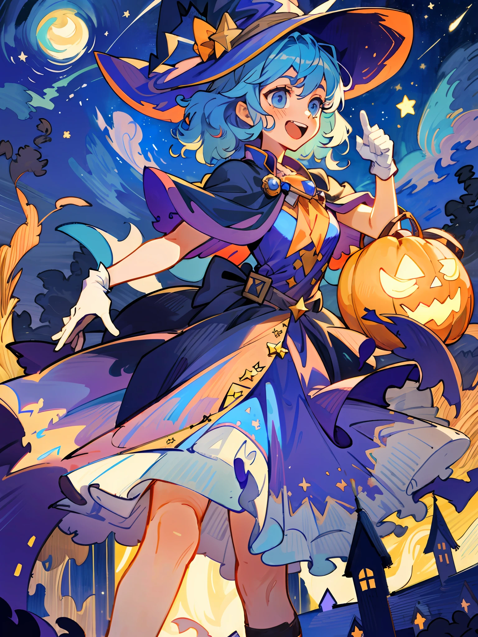 ((masterpiece:1.2, best quality)), 1girl, solo, (witch hat), a close up of a girl with curl hair, short hair, dress, aurora, night, star (sky), gloves, sky, dress, night sky, open mouth, starry sky, light blue eyes, ribbons, smile, cape, blue hair, magic, casting spell, night, (impressionism:1.4), alphonse mucha, Halloween colors, colorful candy