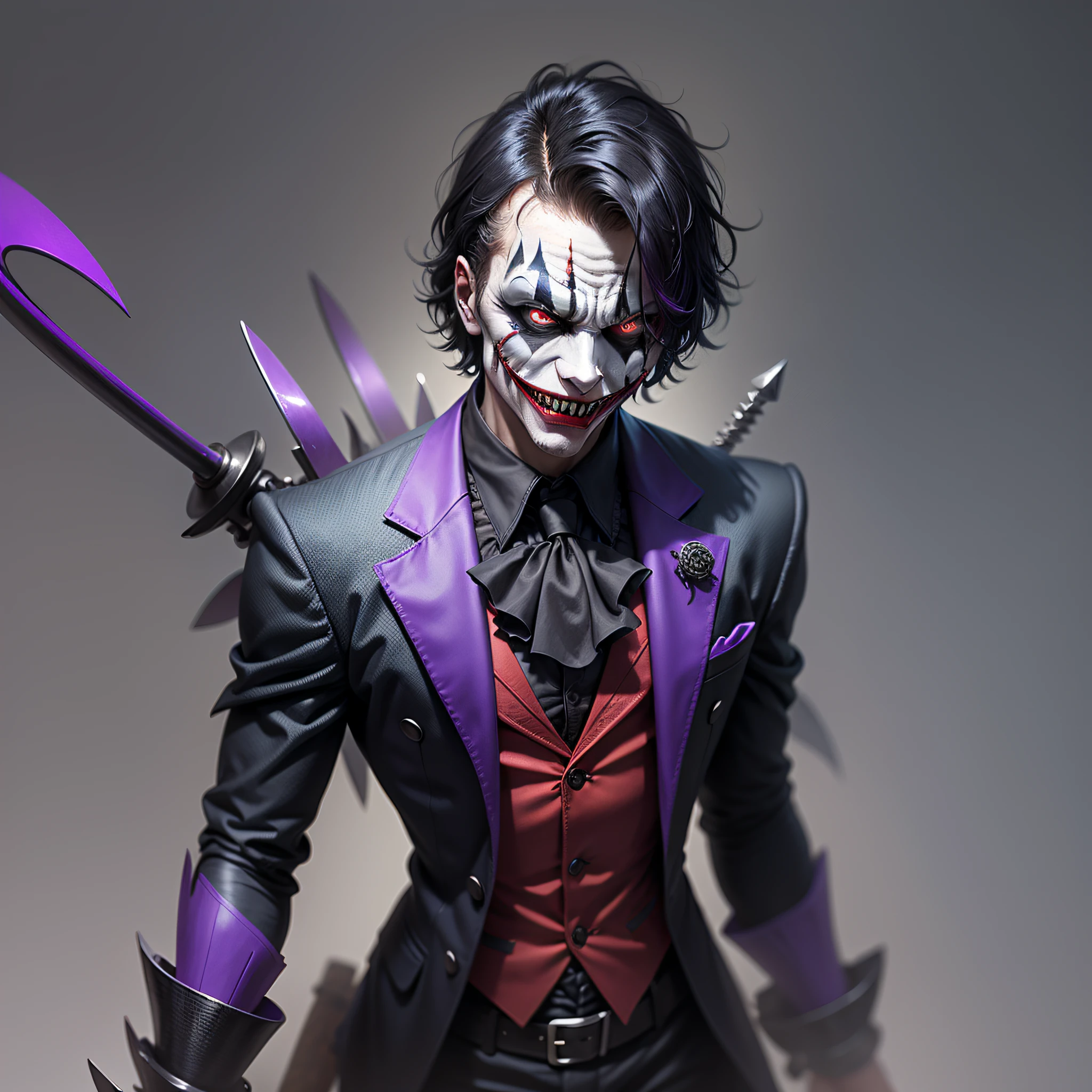 Dark joker man, sorting sharp teeth, red eyes black outfit, carrying 2 large purple sword on his back