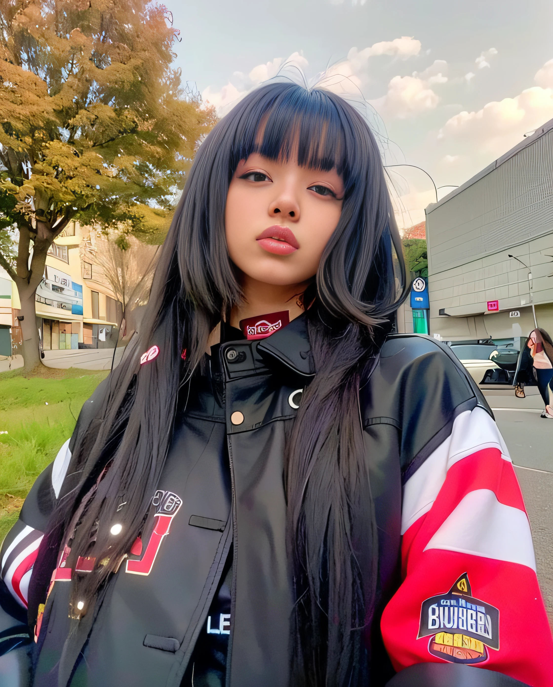 arafed woman with long black hair wearing a black jacket and red and white jacket, soft devil queen madison beer, she is wearing streetwear, long hair with full bangs, long dark hair with bangs, long black hair with bangs, charli bowater, madison beer girl portrait, with full bangs, long hair with bangs, she has black hair with bangs