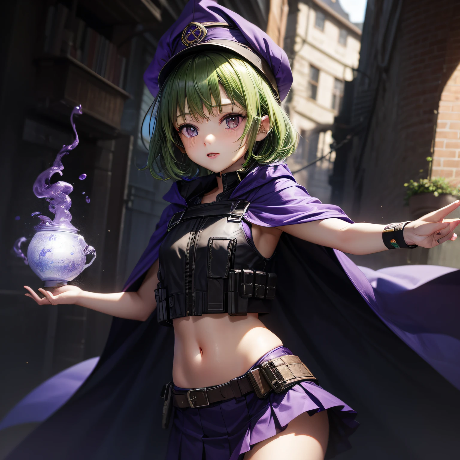 Top quality, very delicate and beautiful, (teenage girl), purple eyes, green hair, small, short hair, (purple pointy hat), one, tactical vest, short sleeves, purple skirt, purple wizard robe, navel