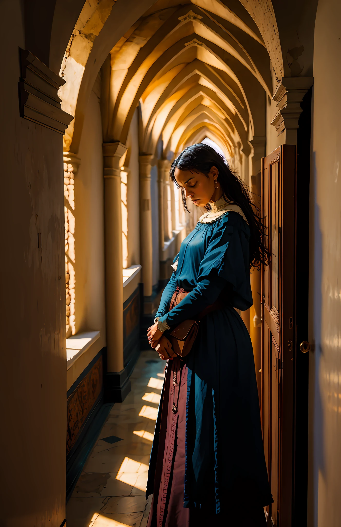 masterpiece, high quality, black woman, sick, medieval, tired, indoor
