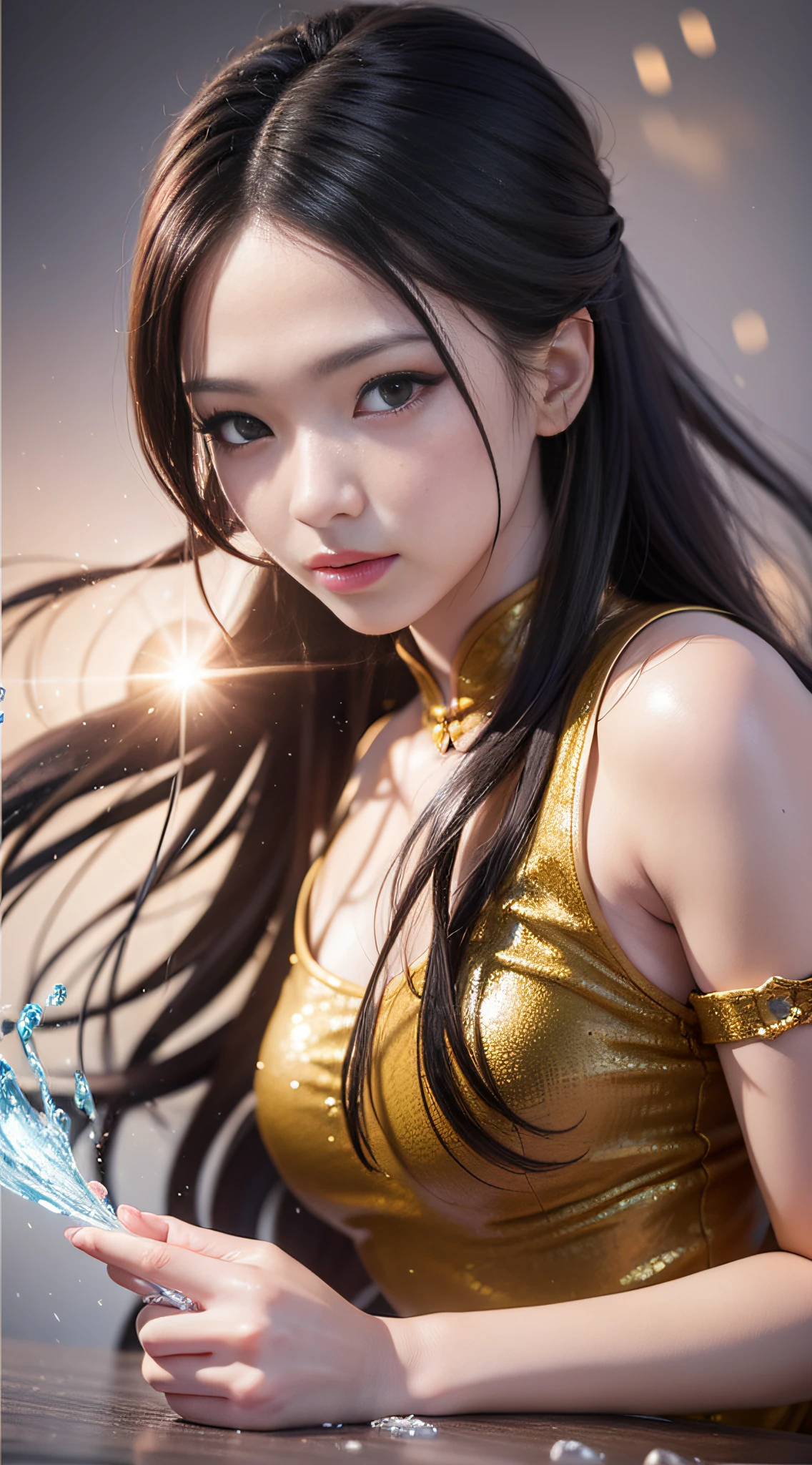 epic water bending shot, in front, Award WinningPhotographs,Wuxia, A beautiful Chinese women，extreme close - upfocus on face, in the style of photorealistic eye,bokeh，in the style of hyperrealistic illustration,super ultra detail,movie screenshotUnreal Engine,Zbrush3D artVray，Glow Particular，Post Effect，Optical Flares --ar 9:16 --style expressive --repeat 10