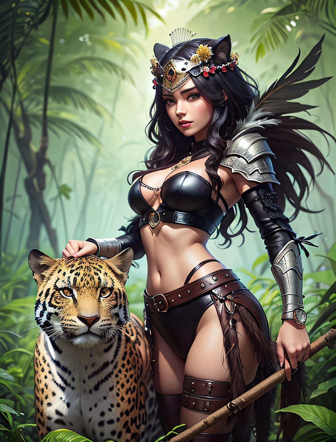 painting of an amazon woman with a jaguar on her head, stunning digital illustration, fantasy art behance, full length aztec princess portrait in ((feathers and leather outfit)) Karol Bak UHD, fantasy concept art portrait, art Fantasy Portrait Painting, 4K Detailed Painting, Deviantart Artstation CGSCOSIETY, Beautiful Digital Artwork, Alena Aenami and Artgerm, Amazon Warrior, Amazon in the Jungle