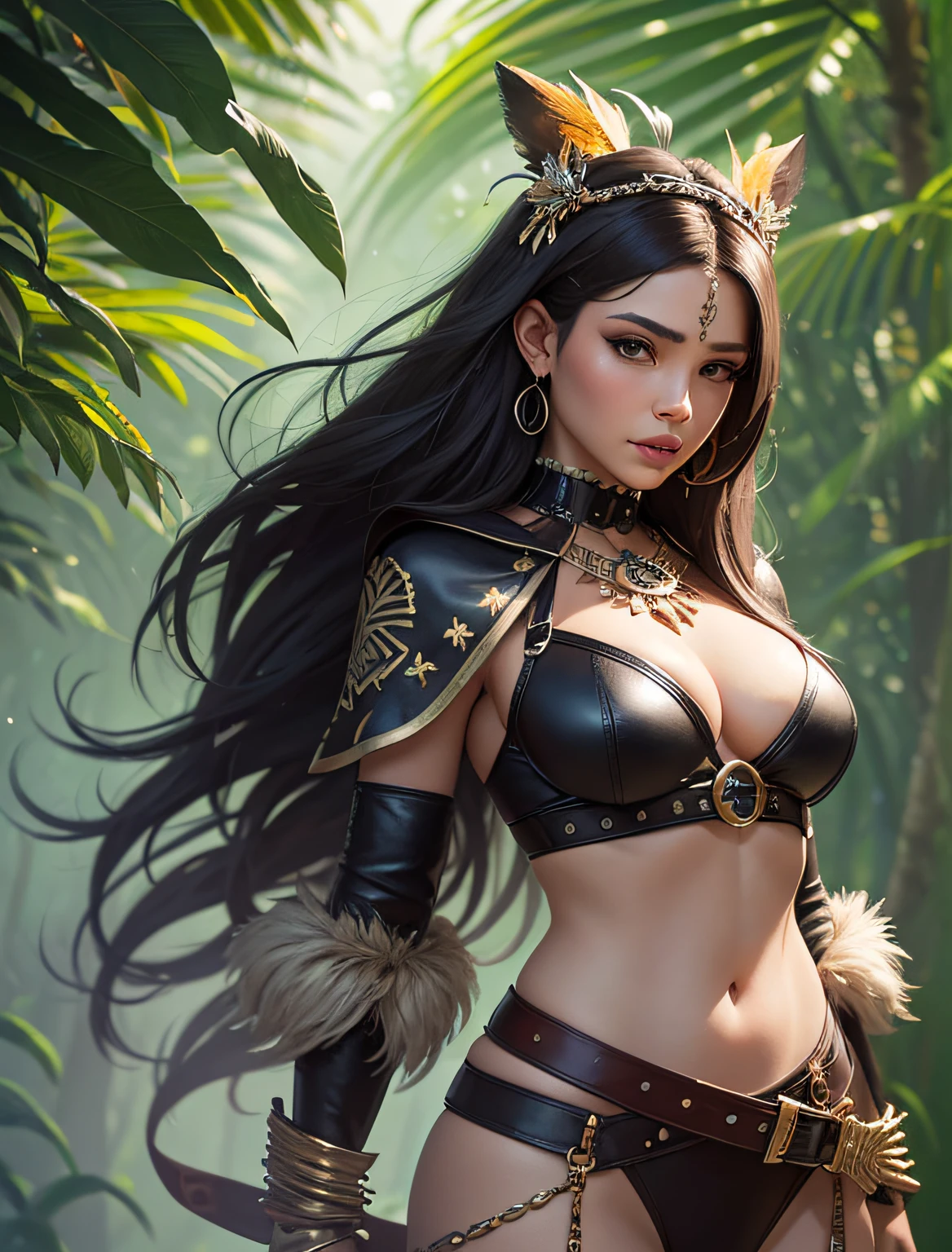 painting of an amazon woman with a jaguar on her head, stunning digital illustration, fantasy art behance, full length aztec princess portrait in ((feathers and leather outfit)) Karol Bak UHD, fantasy concept art portrait, art Fantasy Portrait Painting, 4K Detailed Painting, Deviantart Artstation CGSCOSIETY, Beautiful Digital Artwork, Alena Aenami and Artgerm, Amazon Warrior, Amazon in the Jungle