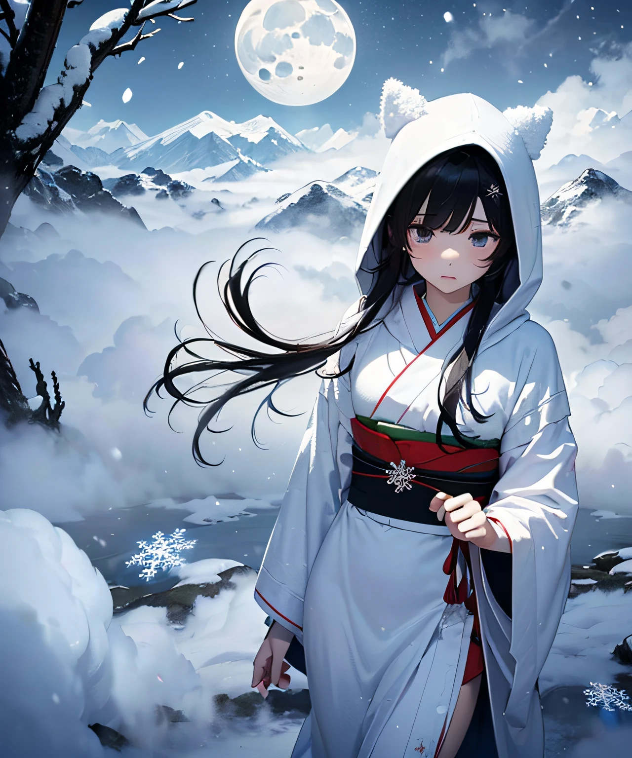 masterpiece, illusion, ghost of a girl, white costume, (((death costume)), (sutra mail), (triangular hood on forehead), (kimono)), monochrome, (snowy forest), (dream: 1.2), scary dream, ((thick fog: 1.8)), ((thick fog so thick that it becomes difficult to see)), dry ice, ((coming out of thick fog: 1.8)), (image born from thick fog: 1.8)))), (fog dissipation: 1.5), (snow storm: 1.5) , In the deep forest, (snowflakes: 1.5), (anger), (sadness), (melancholy), beautiful snow woman, beautiful and beautiful, (((sea of clouds)), (((above the clouds)), night, (((moonlight)), long black hair, gloss, snowflake, snowflake hair ornament, snowflake hair ornament, snow mountain, whole body, black hair flying in the wind, madness, white sigh, sigh blizzard, feet