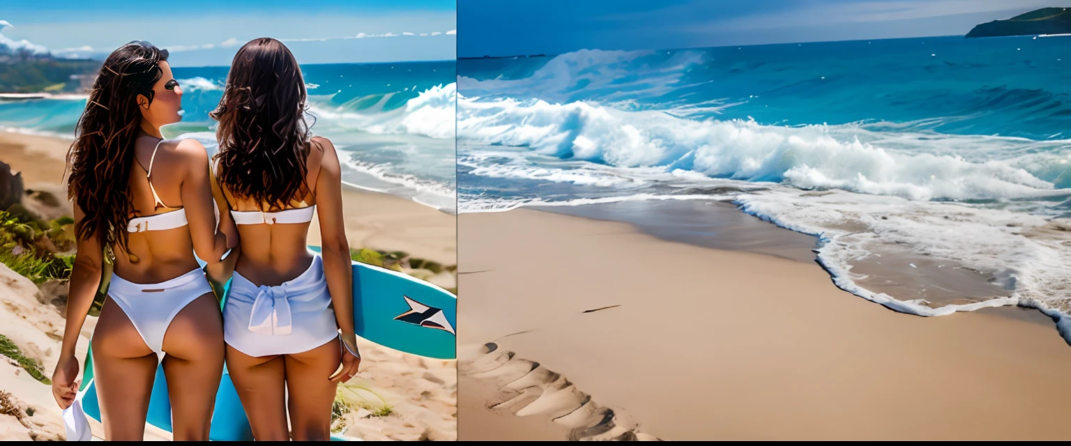 Stand on the beach, stand next to the surfboard, with the sea as a background, pose for a photo