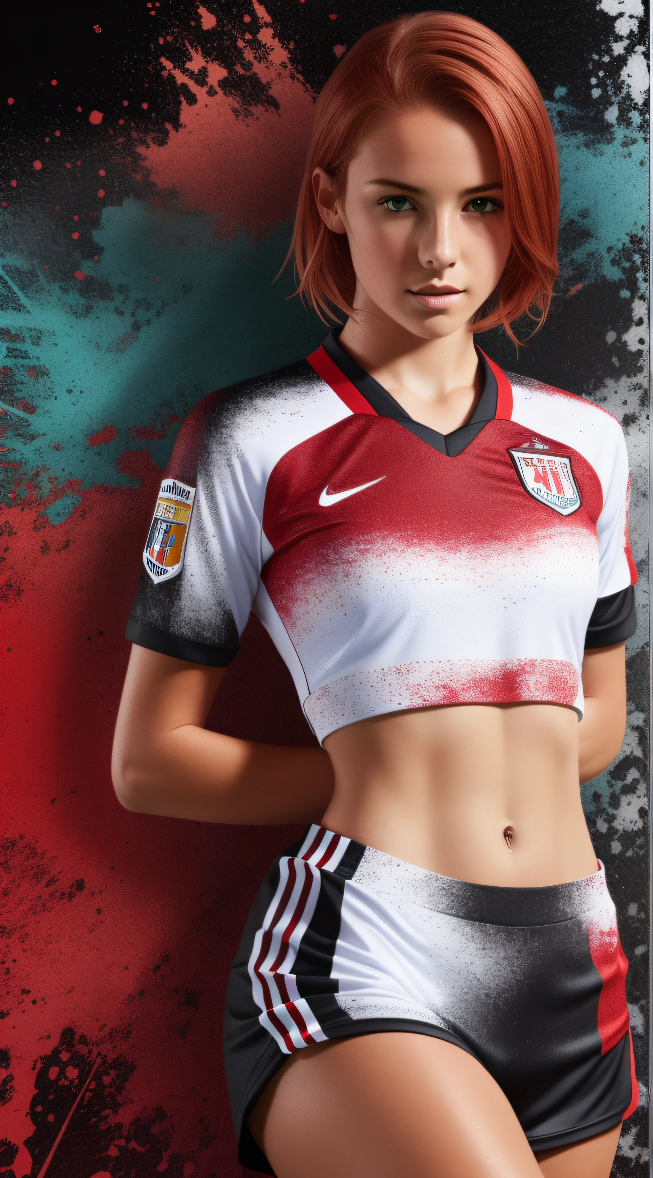1girl, short red and blonde hair, white and red European football sportswear, black screen background blurred with blue oozing paint
