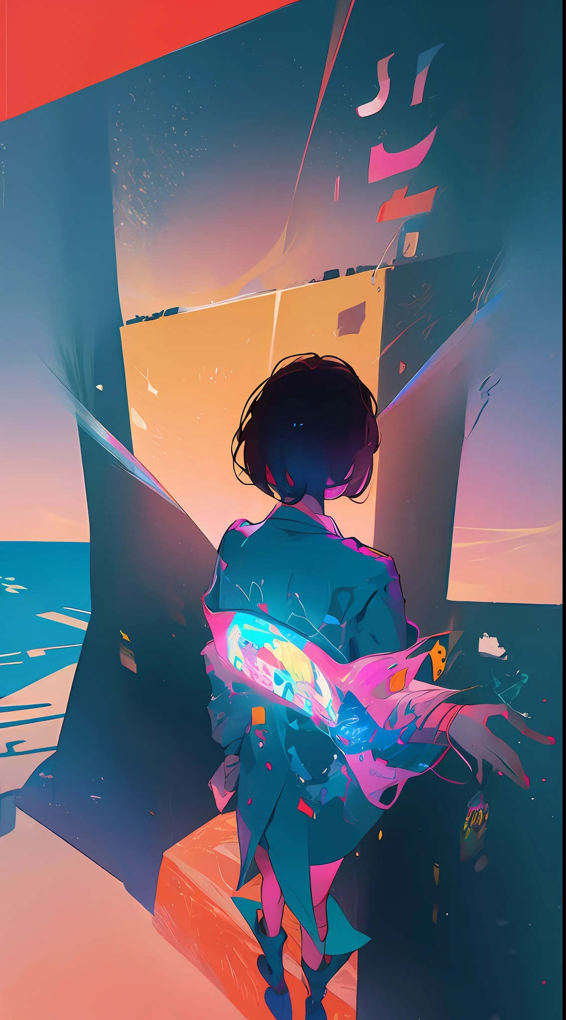 Dystopian beacon of hope, shadow of a girl in the back of the center, girl from the future who has wandered into the Islamic world, complex cityscape, devastated world, pulling composition, industrial, detailed face