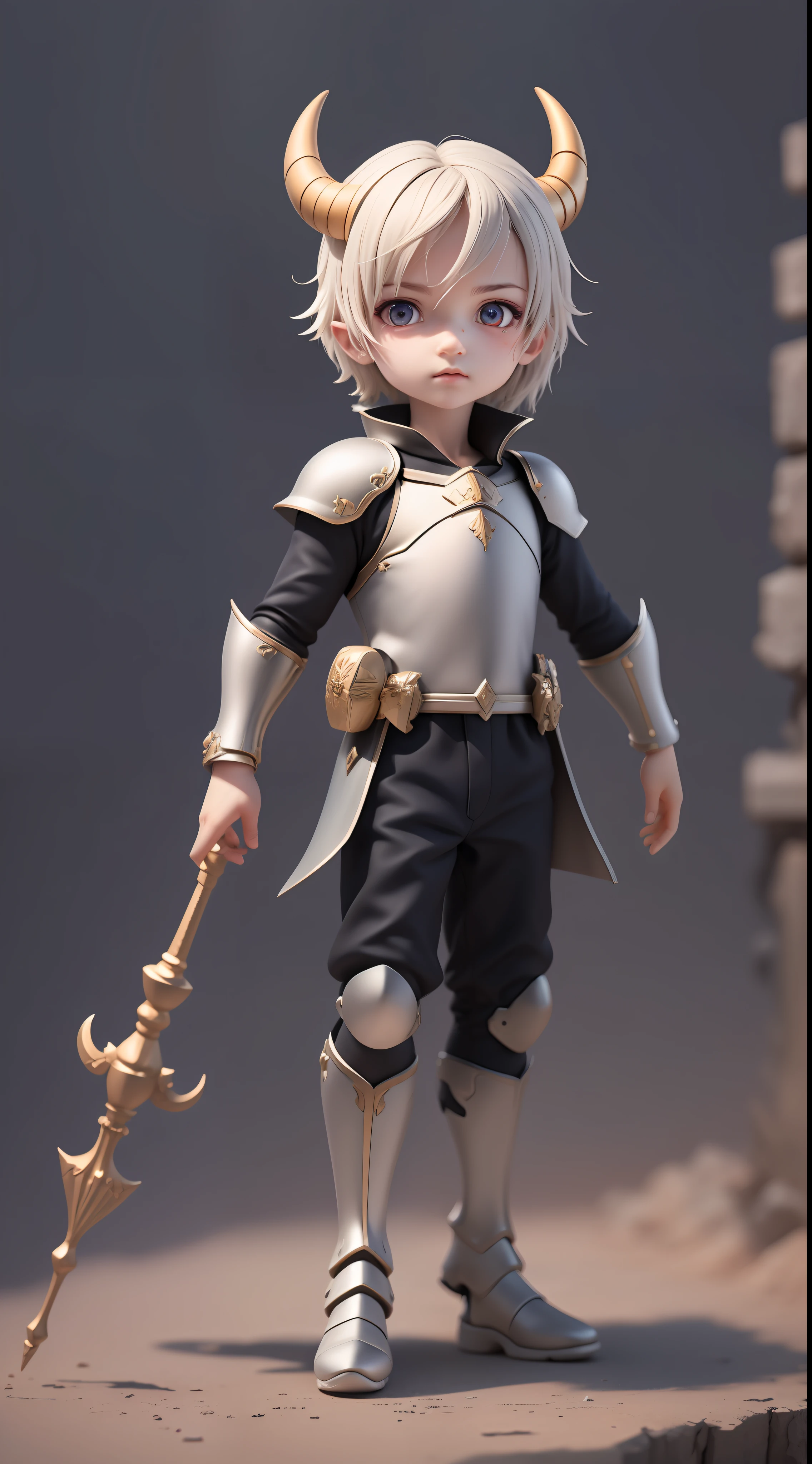 (Masterpiece), (Extreme Quality), (Ultra Detailed), (Full Body: 1.3), 1boy, Little Knight, Horn, (Detailed Face), (Delicate Eyes), Combat Atmosphere, Depth of Field, Multi-layered Texture, Albedo and Highlight Map
