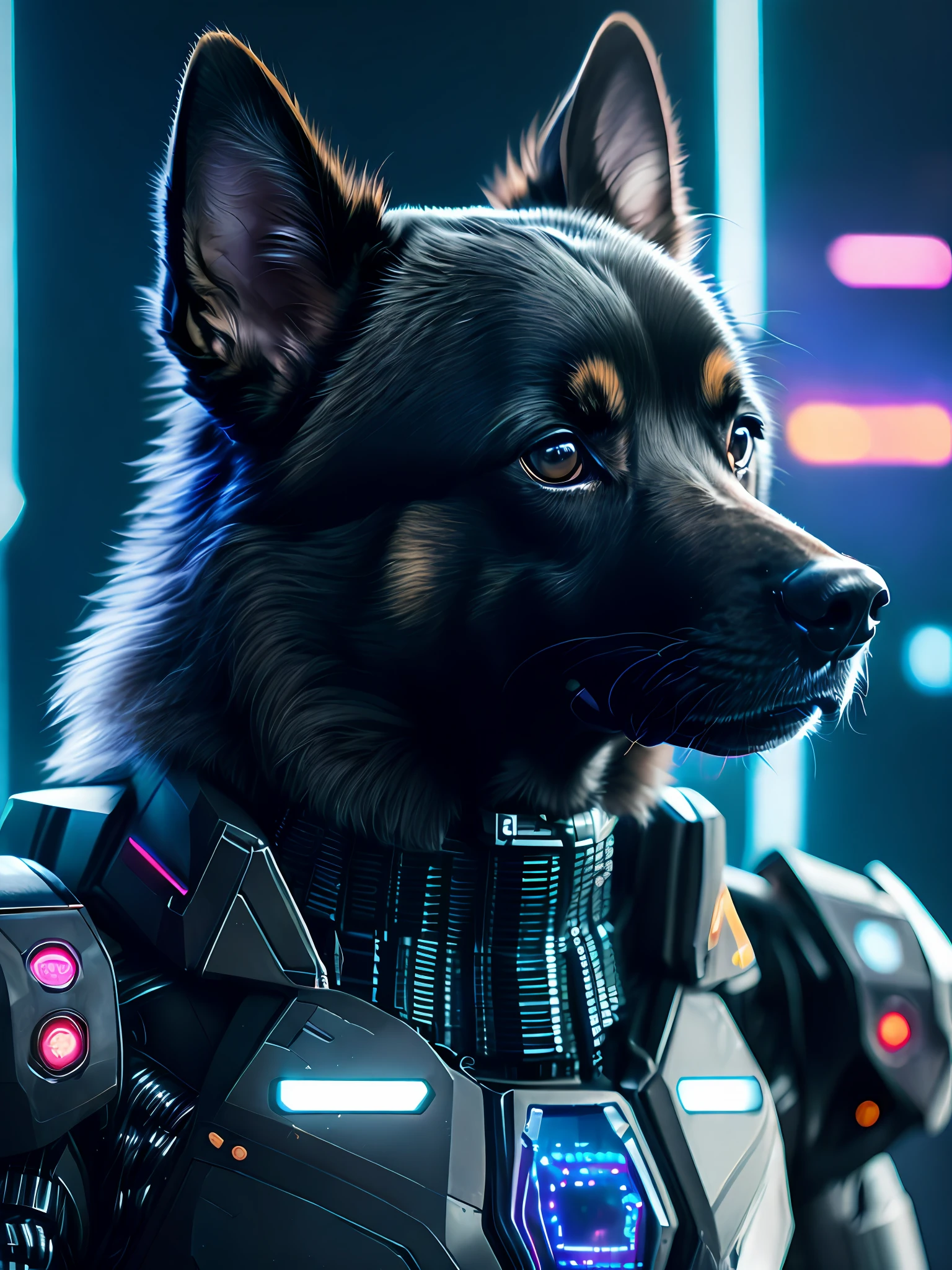 Dog, Belgian shepherd, cute as Doomsday Killer, realistic science fiction cyberpunk power armored robot, close-up portrait film, 8k, hdr, ((intricate detail, super detail)), (backlight: 1.3), (film: 1.3), (ArtStation: 1.3)