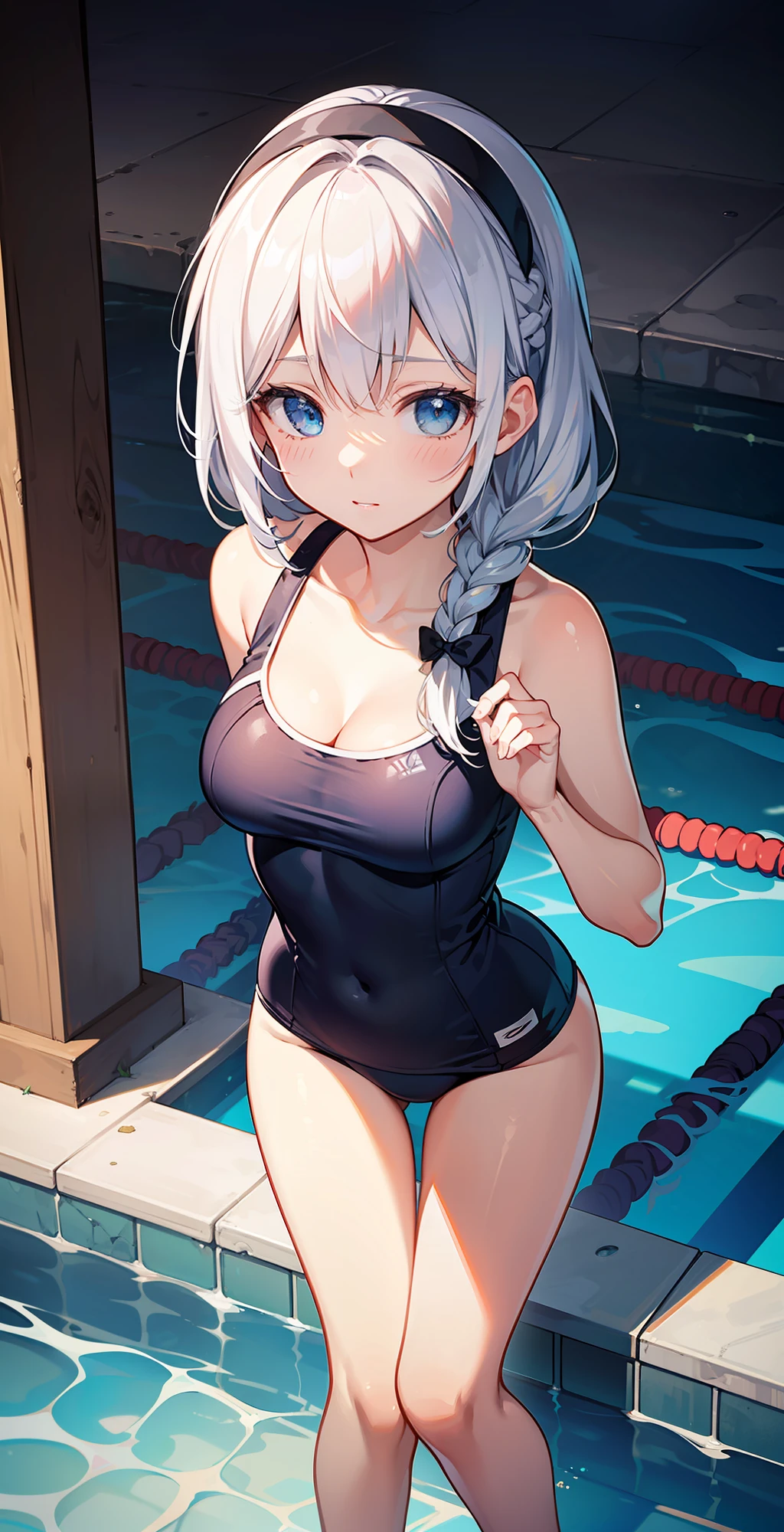 Masterpiece, Best Quality, Masterpiece, Best Quality, Official Art, Extremely Detailed CG Unity 8k Wallpaper, traditional_media, Girl, Single Braid, Black Headband, Long Hair, White Hair, Blue Eyes, Medium Tits, School Swimwear, Shyness, Pool, Short Braid, From Above