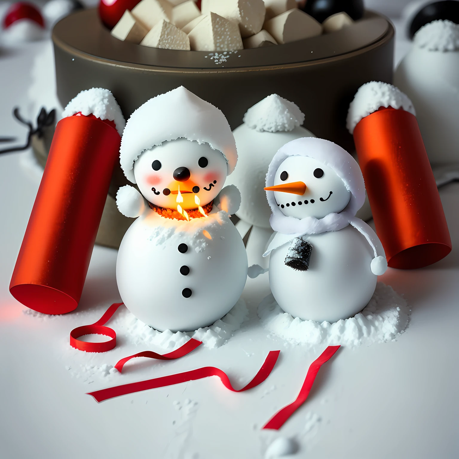 Park, wooden table, two small snowmen on table, snowmen stuck together --auto