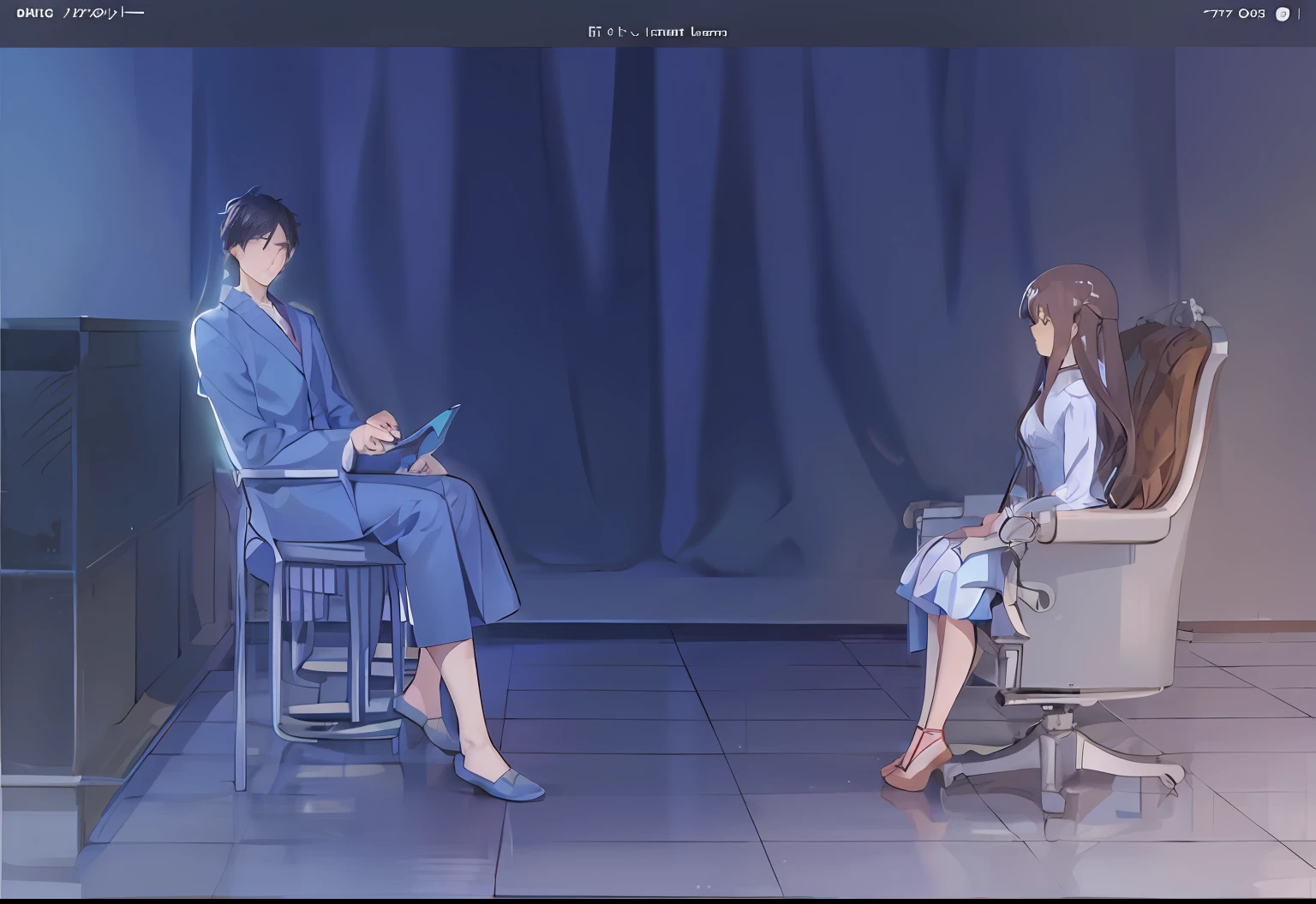 Anime, a man and a woman sit face to face,