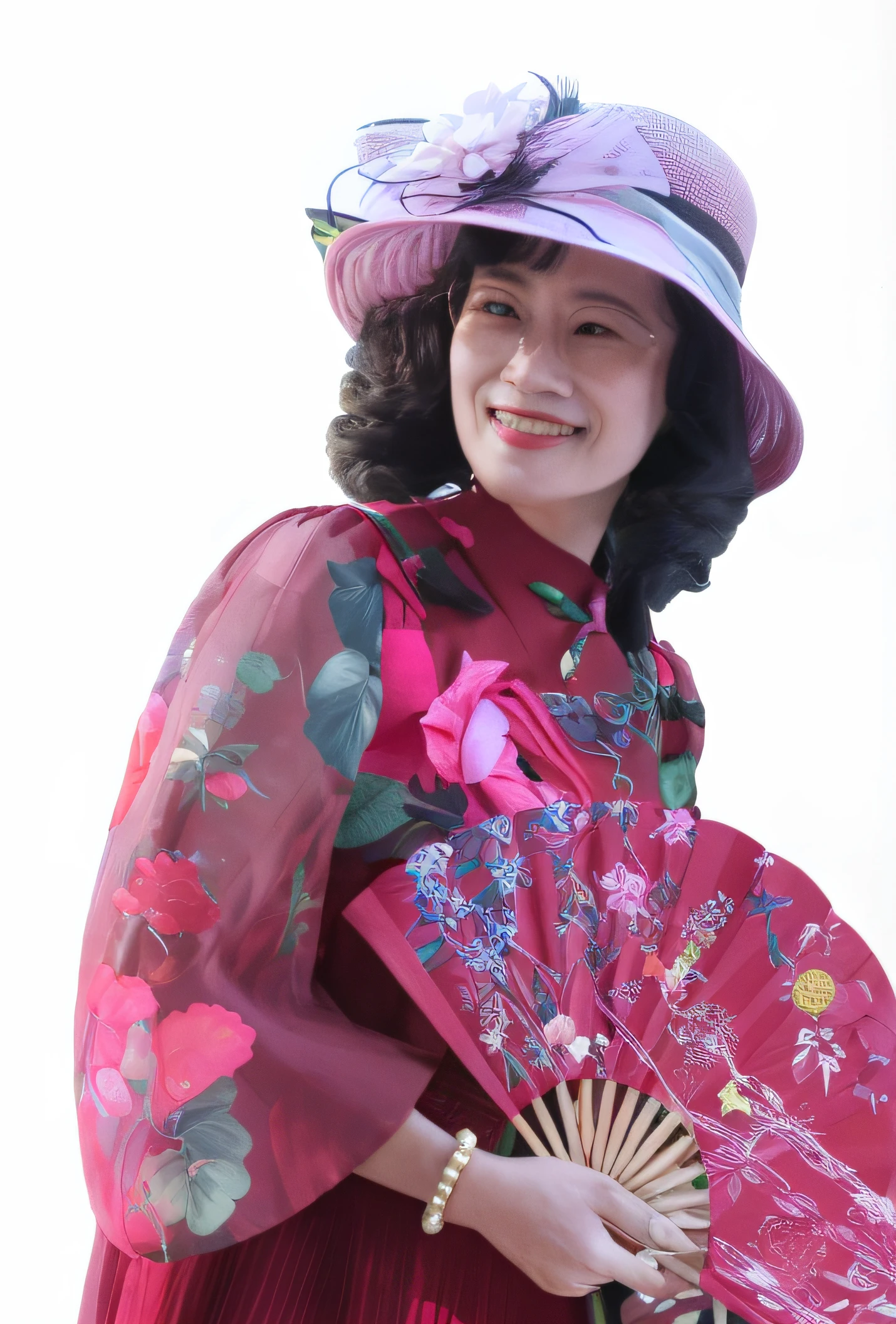 woman in a pink hat and dress holding a red fan, inspired by Min Zhen, inspired by Chizuko Yoshida, inspired by Jiao Bingzhen, inspired by Fan Qi, inspired by Ju Lian, inspired by Tomioka Tessai, inspired by Li Mei-shu, inspired by Fujiwara Takanobu, inspired by Liu Haisu