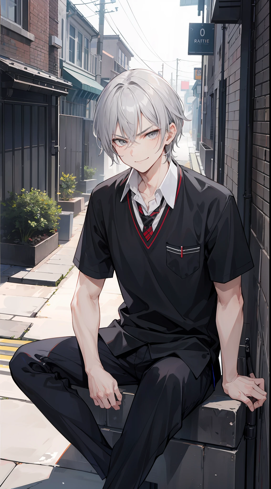 1man, wearing a School uniforms, gray eyes, stylish modern gray hair, was sitting in a quiet alley at night , badass, glare, sly smile