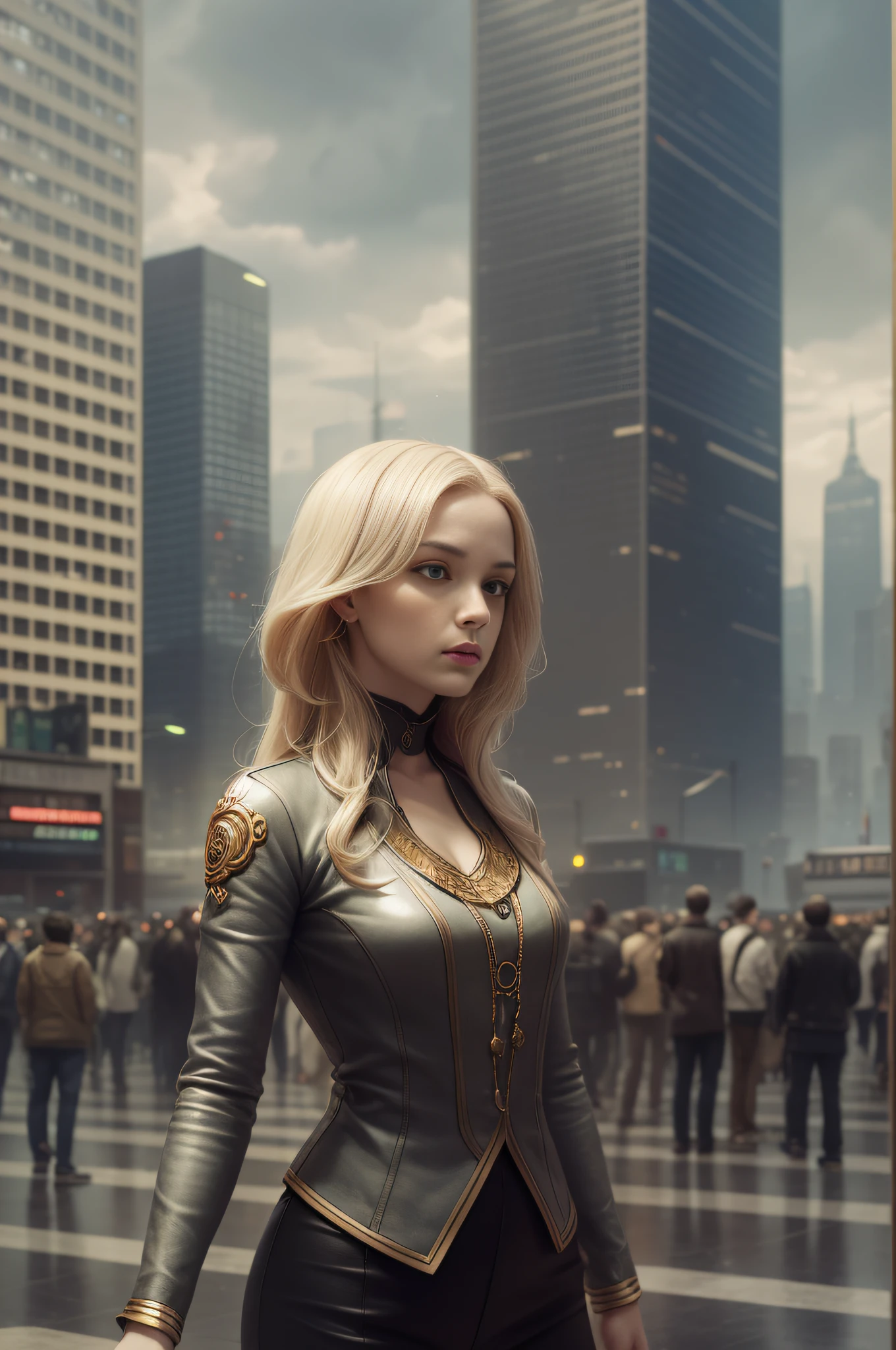 an apple ad showing an isolated white woman, in the style of science-fiction dystopias, detailed crowd scenes, firmin baes, functional aesthetics, michael martchenko, seb mckinnon, stylish costume design