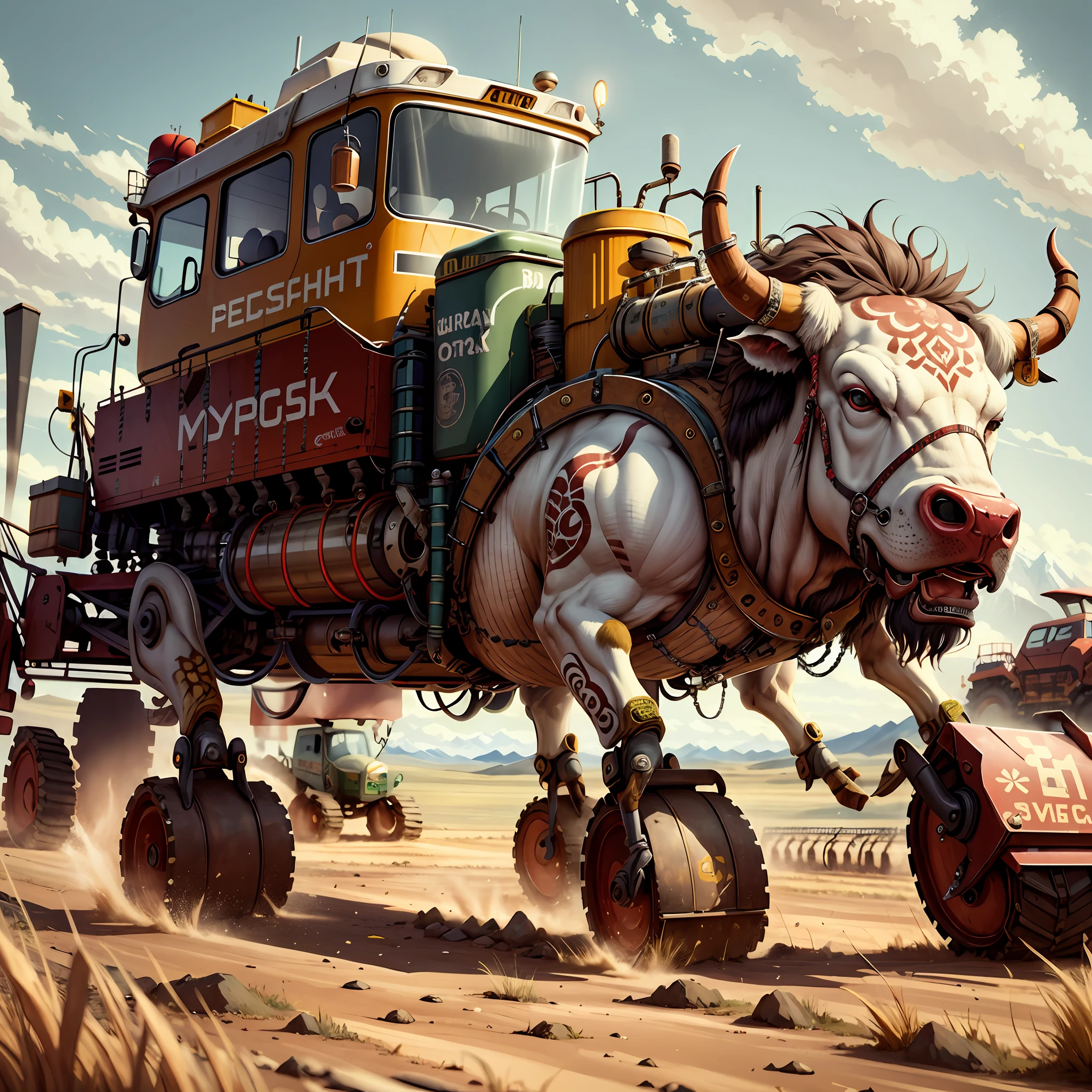 Mongolian punk, metal bullhead, panorama, mountain,
Combine harvester, detailed, complex