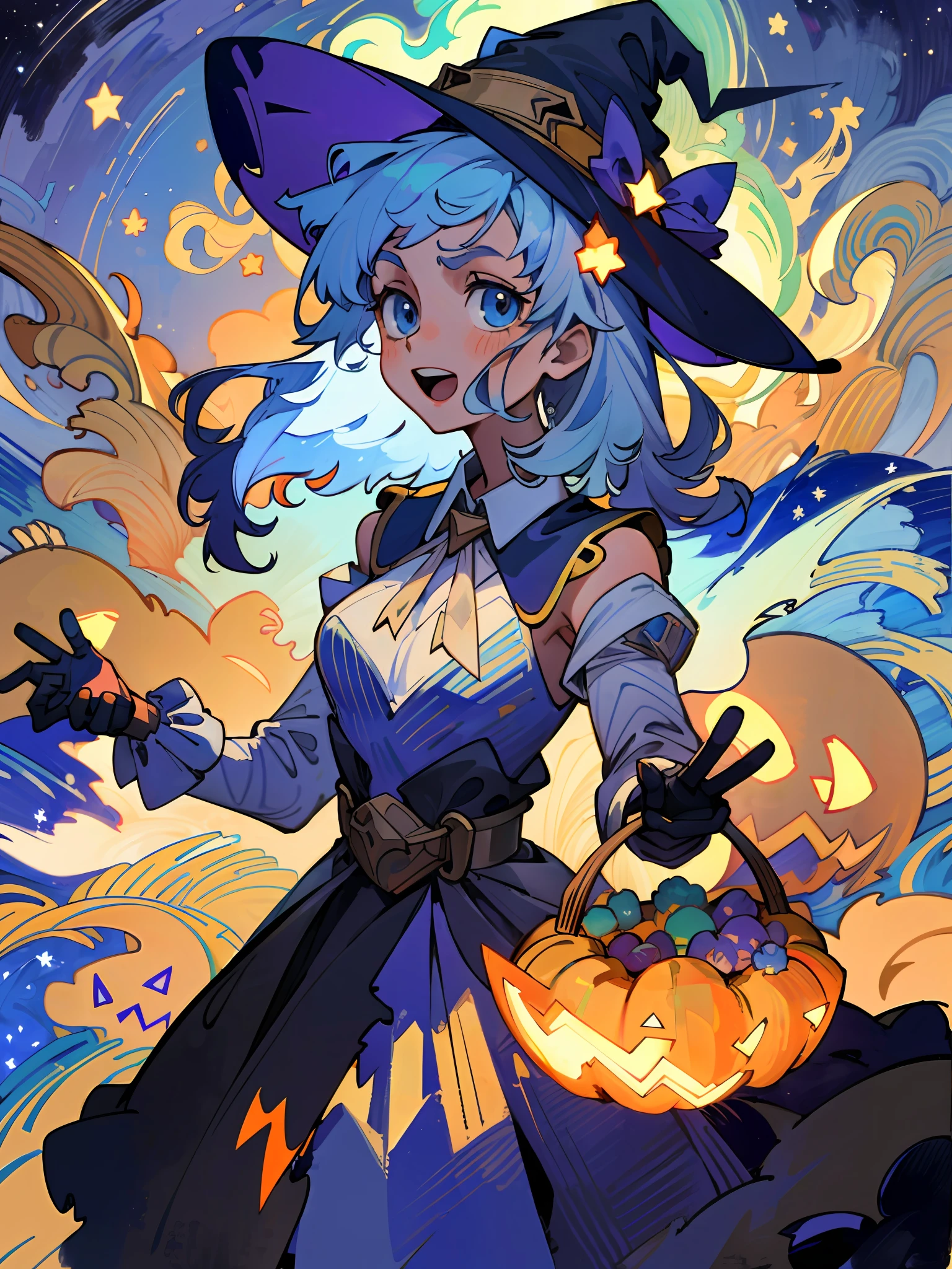 ((masterpiece:1.2, best quality)), 1girl, solo, (witch hat), a close up of a girl with curl hair, short hair, dress, aurora, night, star (sky), gloves, sky, dress, night sky, open mouth, starry sky, light blue eyes, ribbons, smile, cape, blue hair, magic, casting spell, night, (impressionism:1.4), alphonse mucha, Halloween colors, colorful candy
