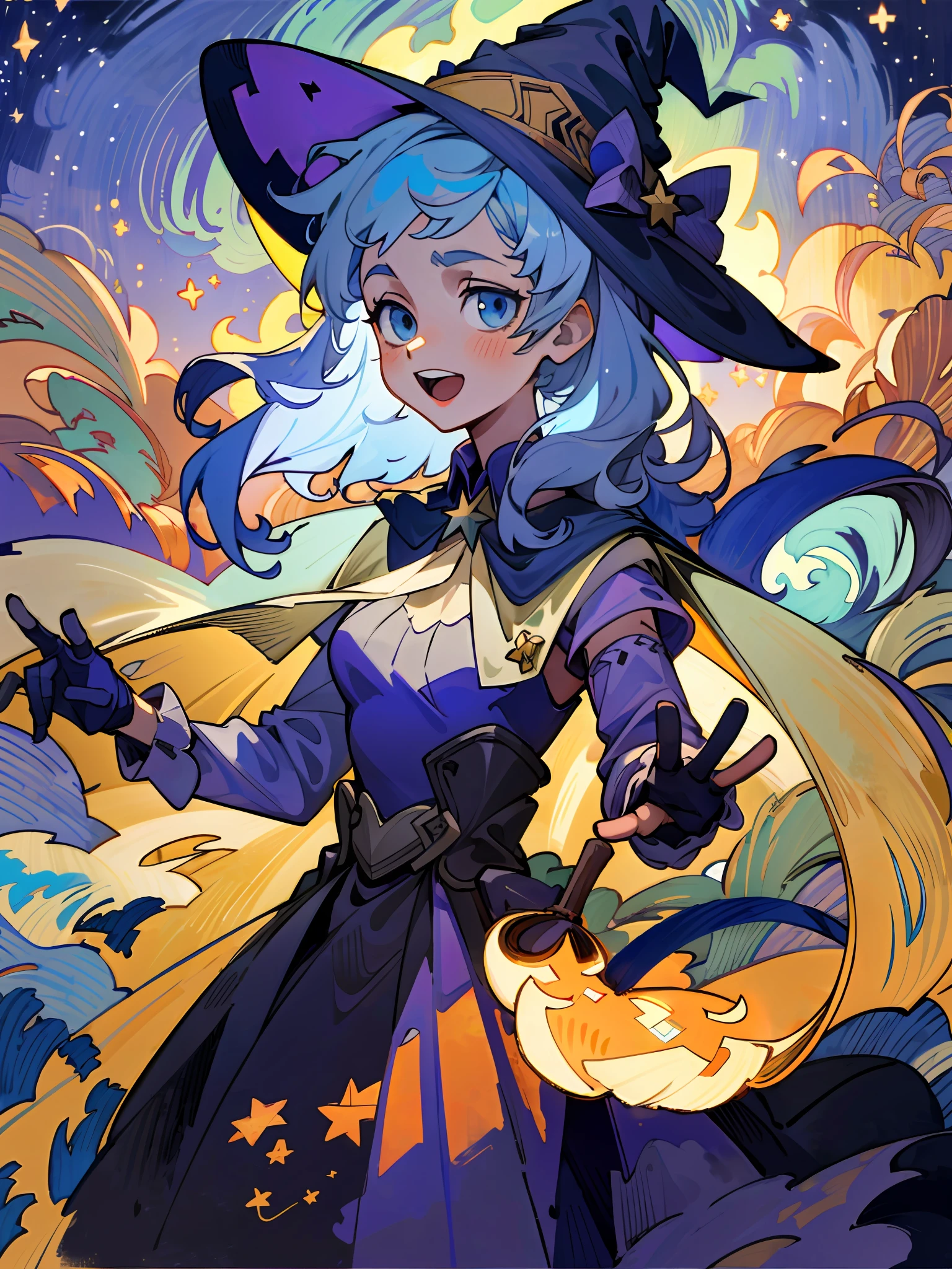 ((masterpiece:1.2, best quality)), 1girl, solo, (witch hat), a close up of a girl with curl hair, short hair, dress, aurora, night, star (sky), gloves, sky, dress, night sky, open mouth, starry sky, light blue eyes, ribbons, smile, cape, blue hair, magic, casting spell, night, (impressionism:1.4), alphonse mucha, Halloween colors, colorful candy