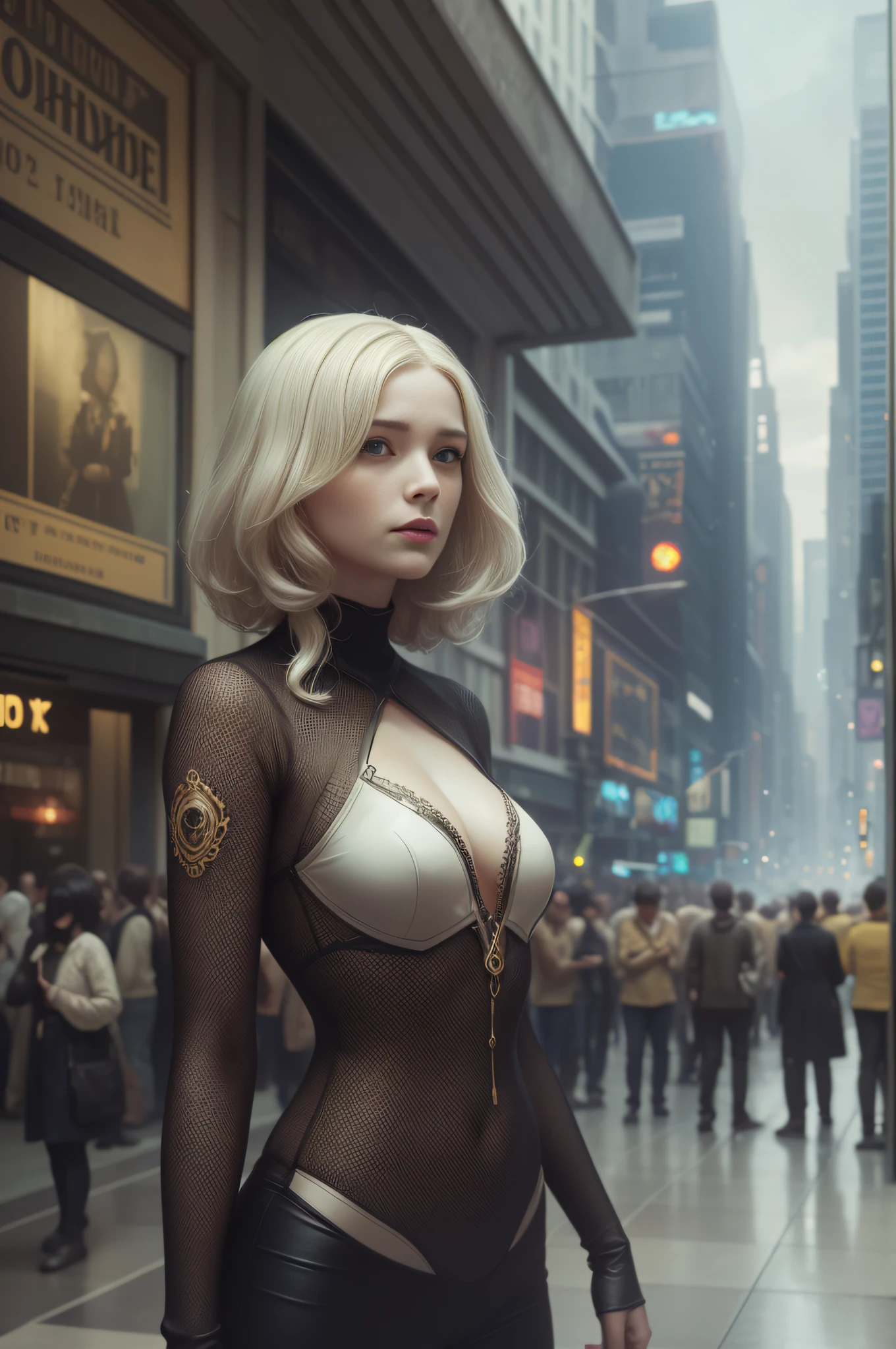 an apple ad showing an isolated white woman, in the style of science-fiction dystopias, detailed crowd scenes, firmin baes, functional aesthetics, michael martchenko, seb mckinnon, stylish costume design