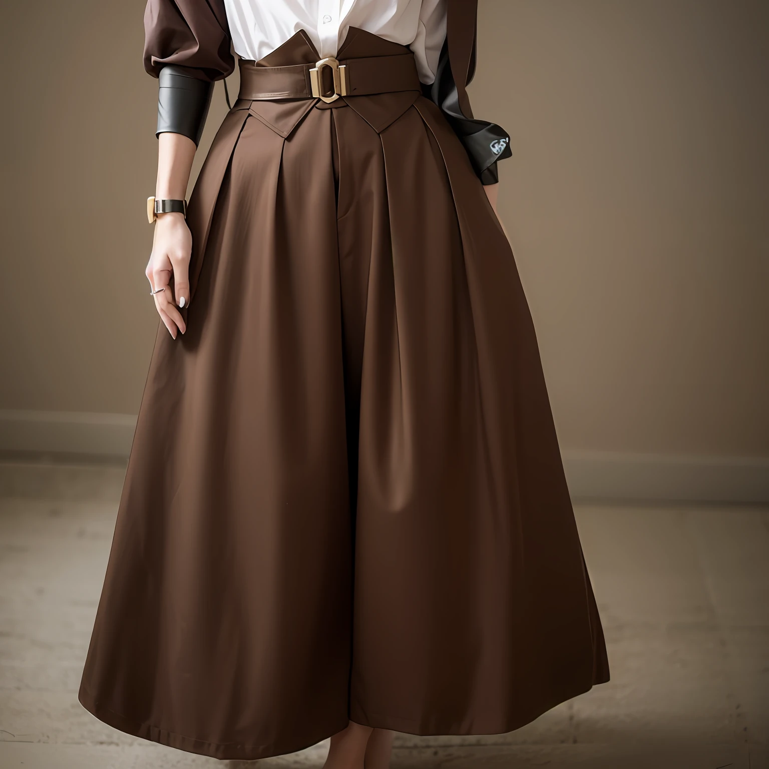 a close up of a woman wearing a skirt and a white shirt, intricate hakama, wide skirts, brown:-2, hakama kimono, wide leg hakama trousers, long dress female, dressed in long fluent skirt, long skirt, femme, brown, detailed picture, dark brown, brown clothes, brown color, brown cloak, impeccable military composure --auto