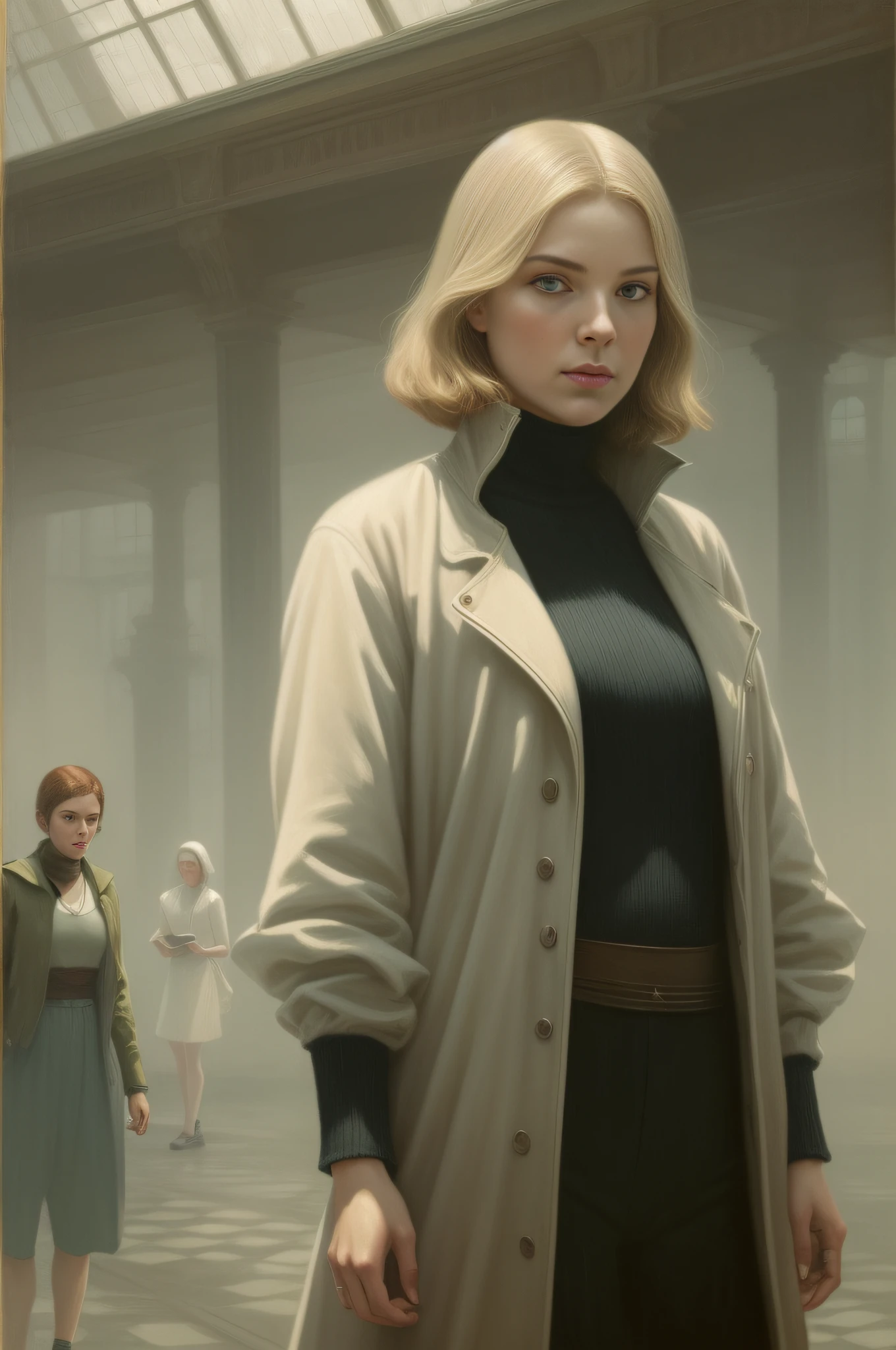 misty and an apple ad showing an isolated white woman, look for the audience in the style of science-fiction dystopias, detailed crowd scenes, firmin baes, functional aesthetics, michael martchenko, seb mckinnon, stylish costume design