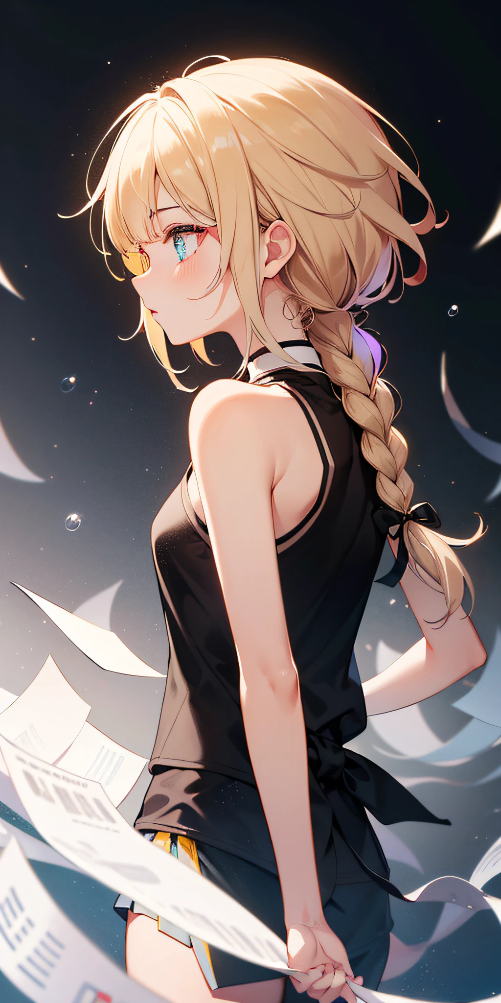only one girl,solo girl,solo person,solo person,(a girl alone:1.55),Edges vibrate in color,Glows,Parallax effect,head portrait,pop art,1girl,profile,mullet hair,little braid at the bottom of the head,lowest braid,solo braid,blond hair,Bottom highlights hair,(Heterochromatic pupil:1.5),blue left eyes with orange light,yellow right eyes with aaqua light,Eyes with eye light,cool expression,Solidified wax droplets on the neck,Criminal Trial Court,sleeveless vest,black ribbons on the shoulder,white Camisole,Sharp lines,Raise head to look at something that doesn't exist,Paper scraps with dynamic blur falling all over the sky,DOF,