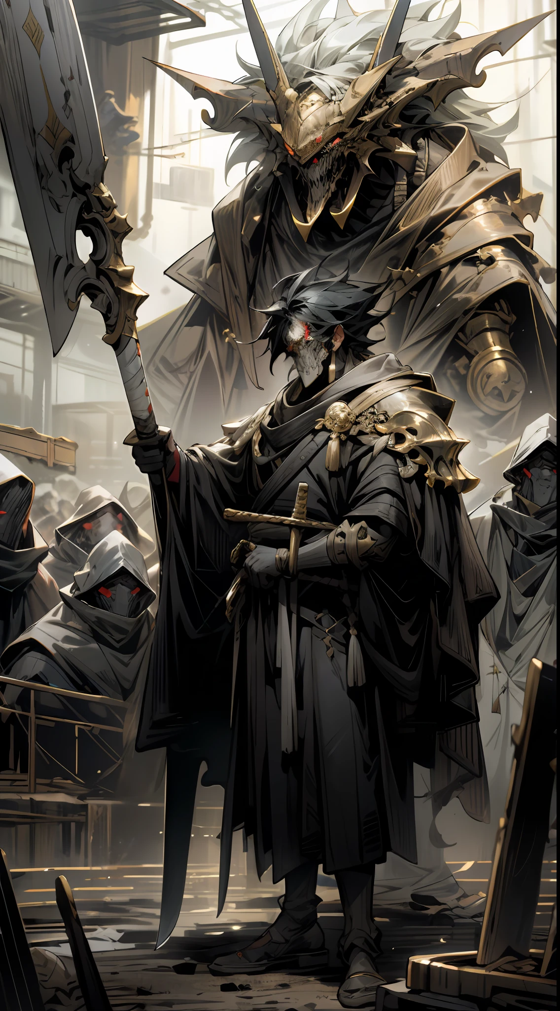 Extremely detailed cyberpunk apocalyptic scenes, vast and wide-angle war-ravaged grounds, brandishing a golden cane and carrying a long sword, stands a powerful male king. His robe shone with golden light and was full of royal momentum.