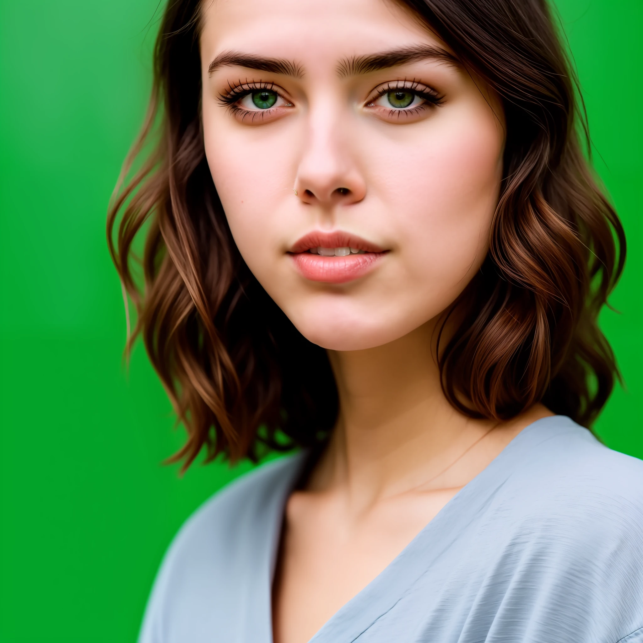 RAW photo, a portrait of a 25-year-old woman in casual clothes, green background, (highly detailed skin: 1.2), 8k uhd, dslr, soft lighting, high quality, film grain, Fujifilm XT3