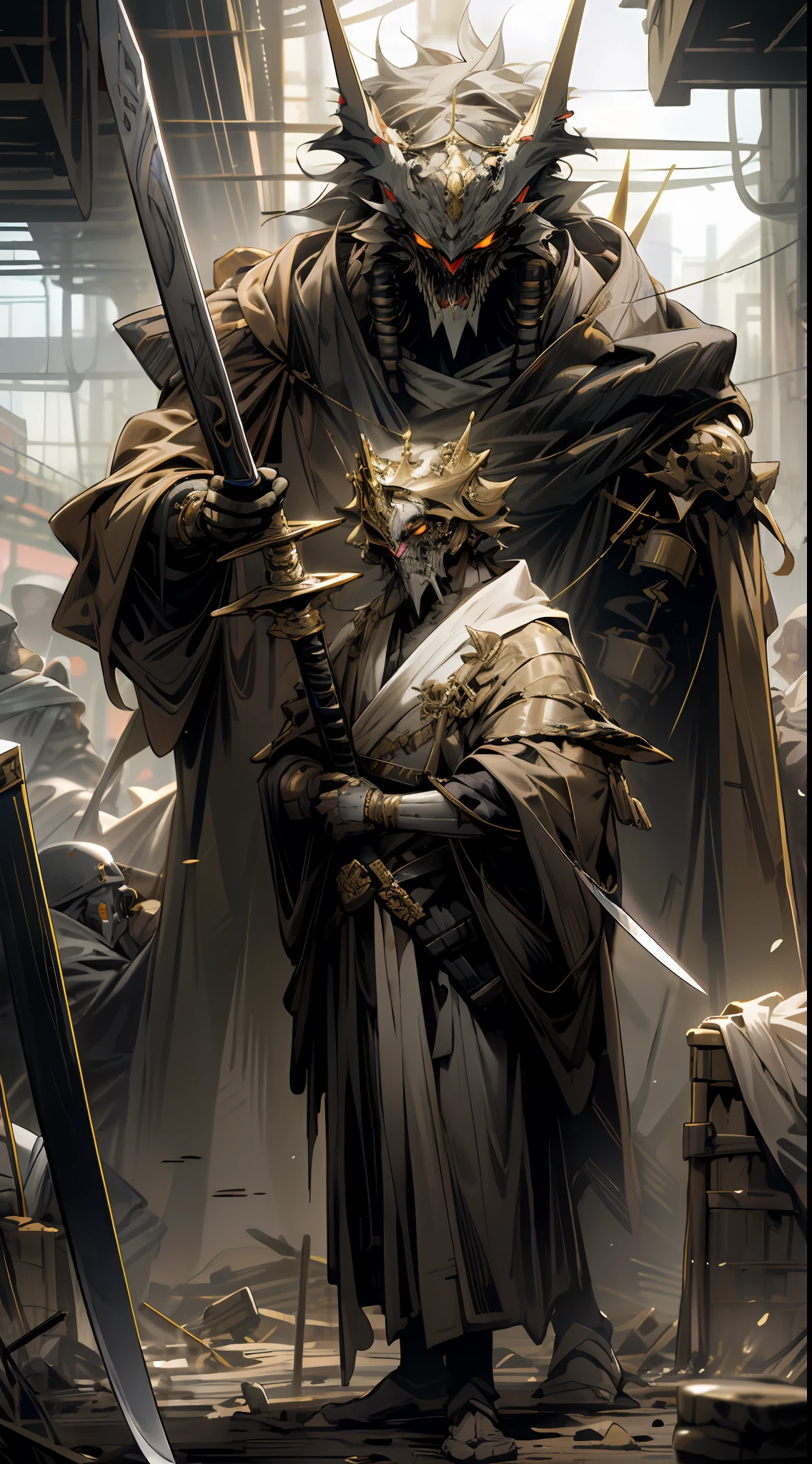 Extremely detailed cyberpunk apocalyptic scenes, vast and wide-angle war-ravaged grounds, brandishing a golden cane and carrying a long sword, stands a powerful male king. His robe shone with golden light and was full of royal momentum.