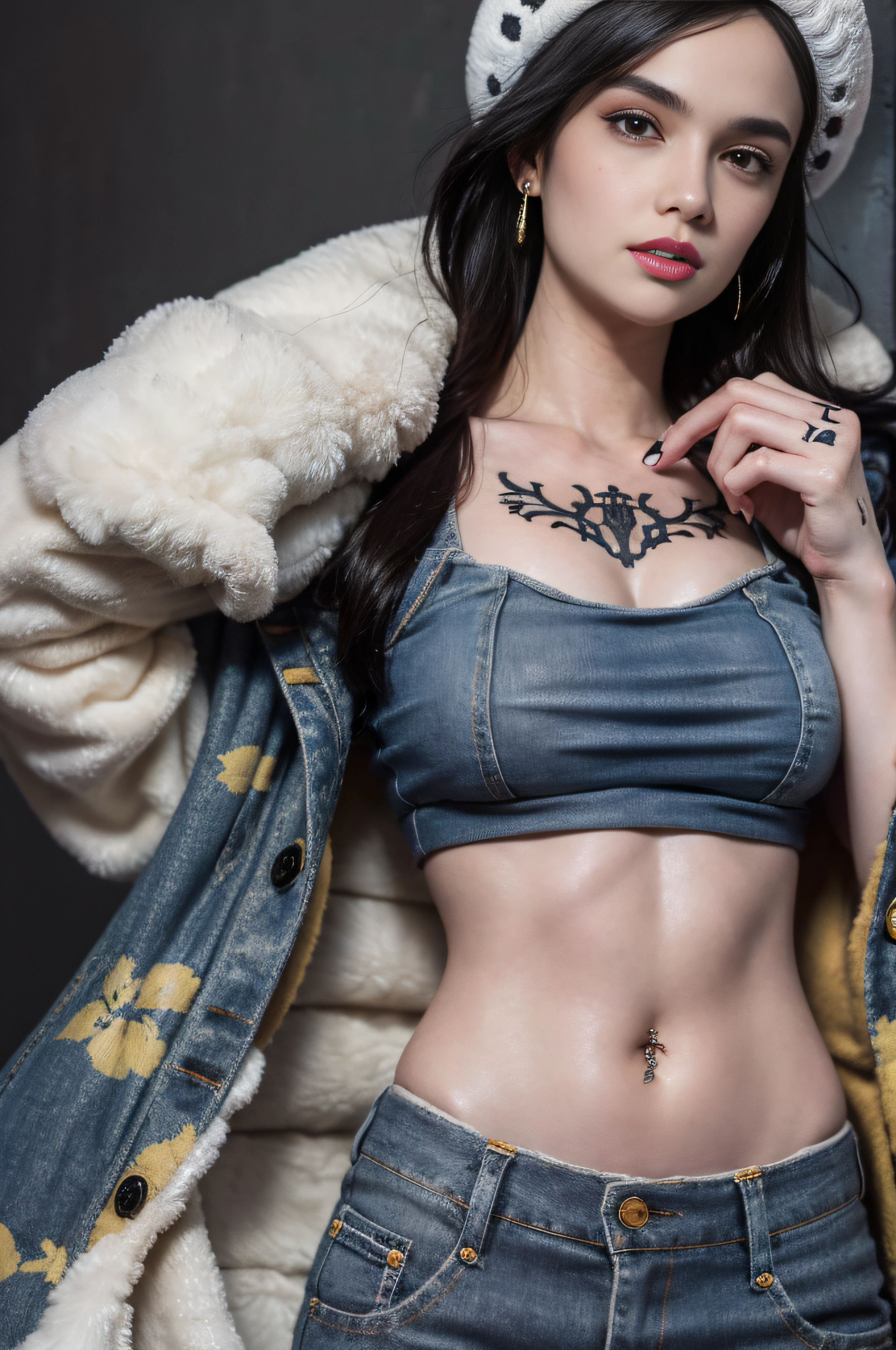 masterpiece, best quality, 8k,highestres, absurdres, extremely detailed, female trafalgar law, 1girl, 1sword, solo, looking at viewer, short hair, medium built, hat, navel, earrings, midriff, pants, coat, fur trim, denim, jeans, shoulder tattoo, hand tattoo, finger tattoo, black fur-trimmed coat, coat on shoulders, yellow tank top,///,