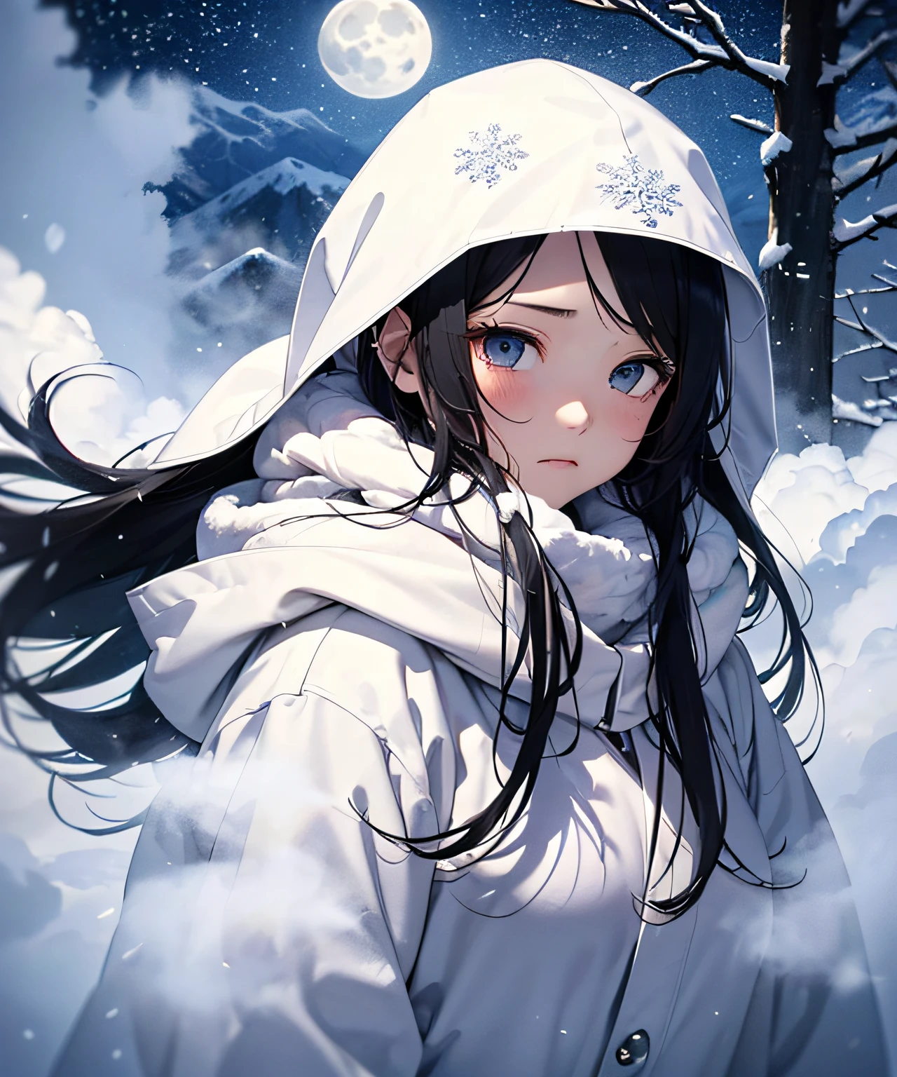masterpiece, illusion, ghost of a girl, white costume, (((death costume)), (sutra mail), (triangular hood on forehead), (kimono)), monochrome, (snowy forest), (dream: 1.2), scary dream, ((thick fog: 1.8)), ((thick fog so thick that it becomes difficult to see)), dry ice, ((coming out of thick fog: 1.8)), (image born from thick fog: 1.8)))), (fog dissipation: 1.5), (snow storm: 1.5) , In the deep forest, (snowflakes: 1.5), (anger), (sadness), (melancholy), beautiful snow woman, beautiful and beautiful, (sea of clouds)), (((above the clouds)), night, ((moonlight)), long black hair, gloss, snowflakes, snowflake hair ornament, snowflake hair ornament, snow mountain, whole body, black hair in the wind, madness, white sigh, sigh blizzard, feet, feet are hidden by snow smoke, snow smoke