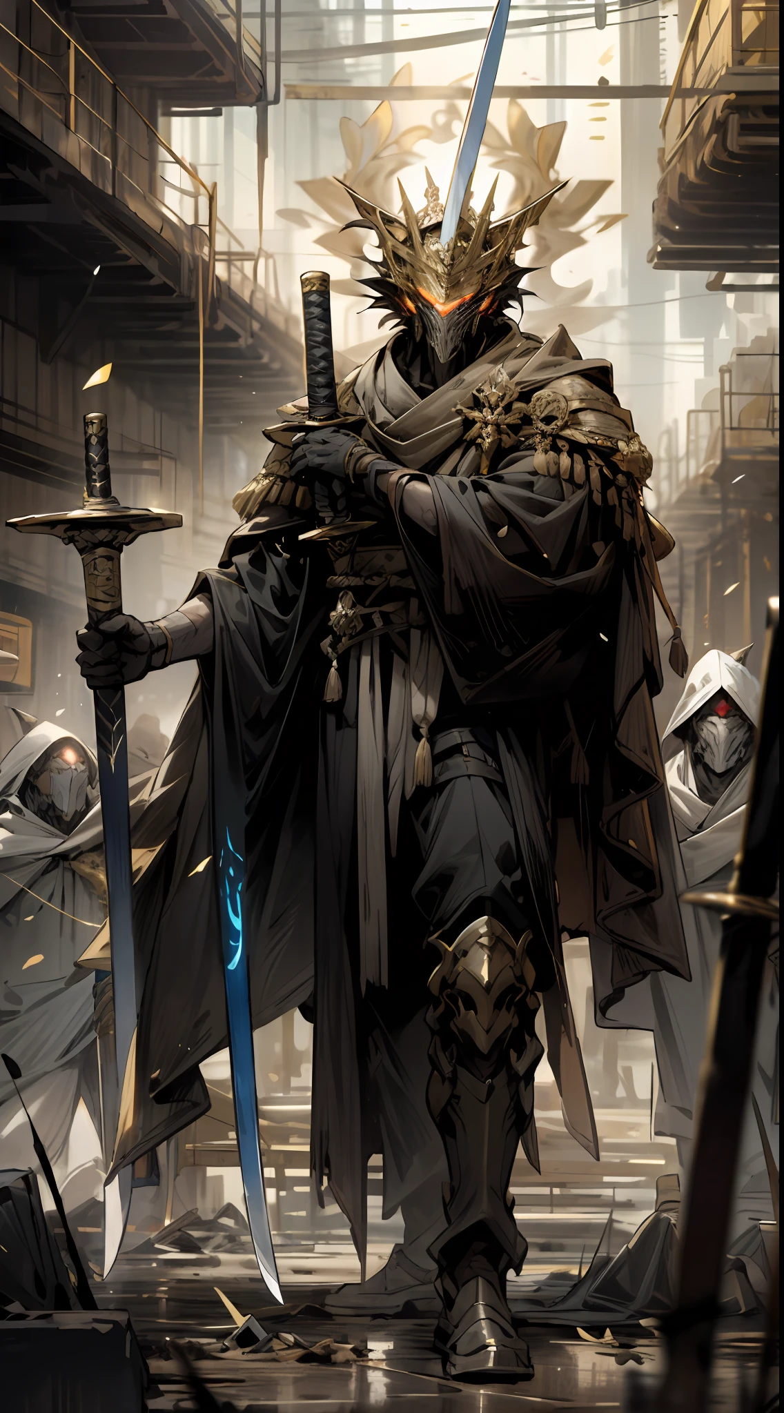 Extremely detailed cyberpunk apocalyptic scenes, vast and wide-angle war-ravaged grounds, brandishing a golden cane and carrying a long sword, stands a powerful male king. His robe shone with golden light and was full of royal momentum.