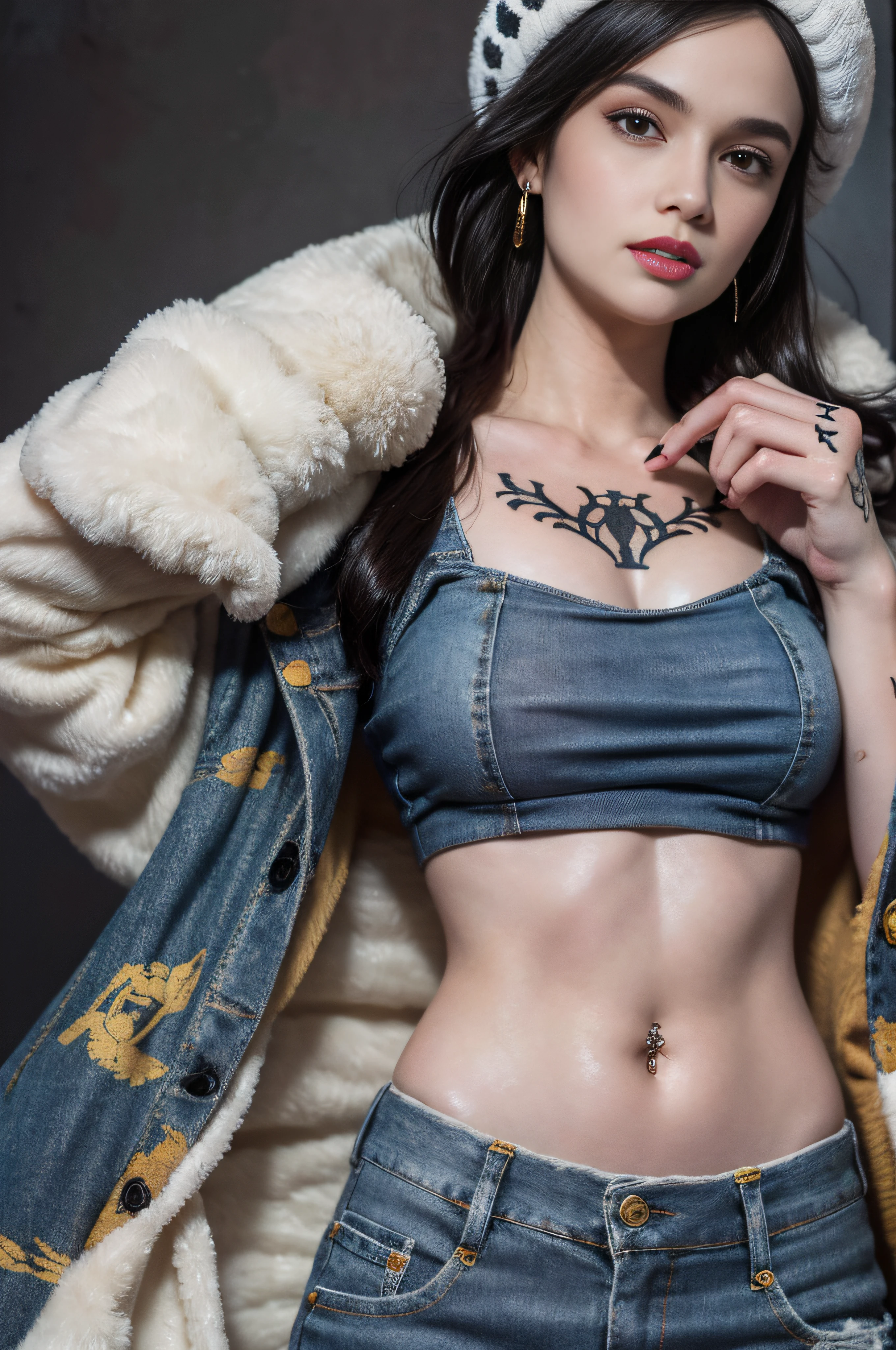 masterpiece, best quality, 8k,highestres, absurdres, extremely detailed, female trafalgar law, 1girl, 1sword, solo, looking at viewer, short hair, medium built, hat, navel, earrings, midriff, pants, coat, fur trim, denim, jeans, shoulder tattoo, hand tattoo, finger tattoo, black fur-trimmed coat, coat on shoulders, yellow tank top,///,