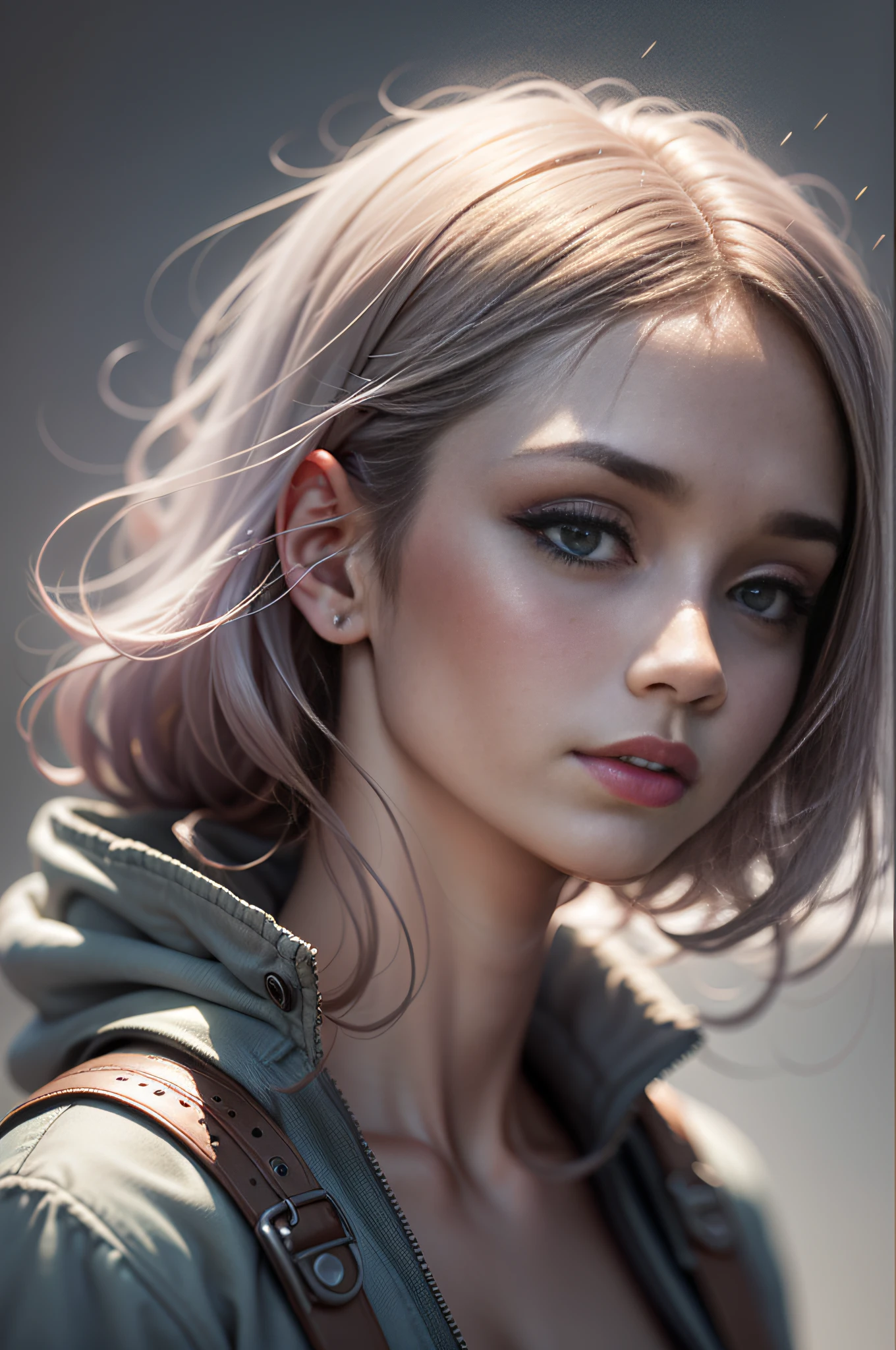 misty and an apple ad showing an isolated white woman, close-up, look for the camera, in the style of science-fiction dystopias, detailed crowd scenes, firmin baes, functional aesthetics, michael martchenko, seb mckinnon, minimal white elegante stylish costume design, futuristic city, depht-of-field, bokeh, (frontlighting:1.2), (backlighting:0.75), (fill light:0.9), bloom, chromatic aberration, (lens flare:1.2),