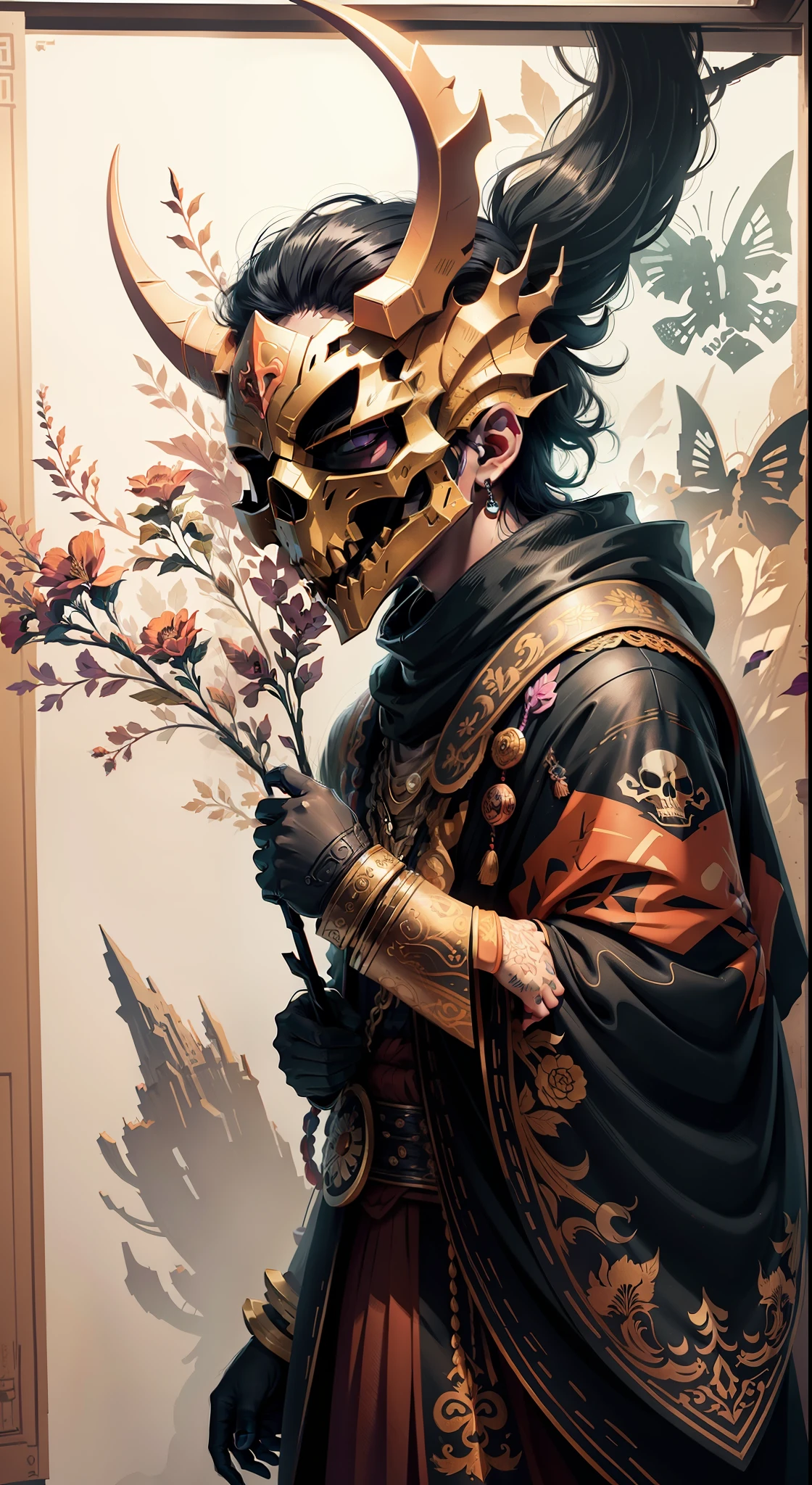 Mask oni contrast color between light red and yellow, in black ink lining draw backgground white color high details in the hands dark flowers, high quality, highres, detail enhancement, best quality, high quality, highres, detail enhancement only head and ornaments japomeses skull an bones on the floor floating in space contrast purplea fuchsia and lighting dim ---2.3 ---