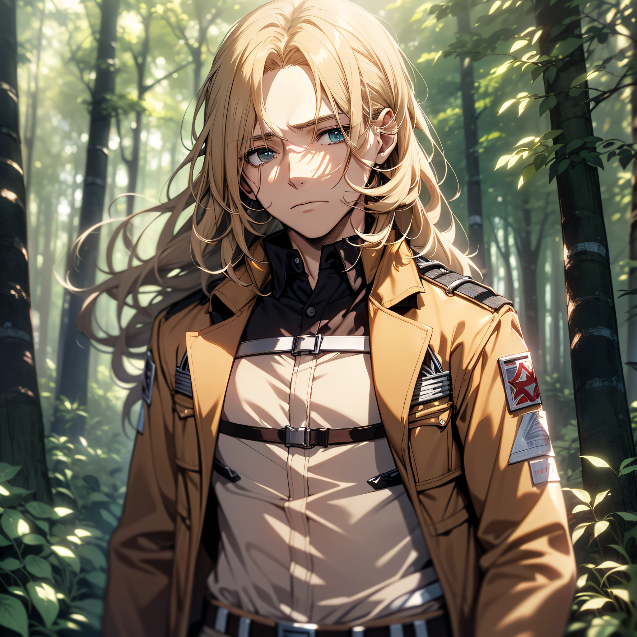 Long-haired, blond-haired boy (wearing Shingeki's brown uniform:1.2), (brown jacket, in a forest, nervous expression, looking at viewer, 4k, masterpiece)