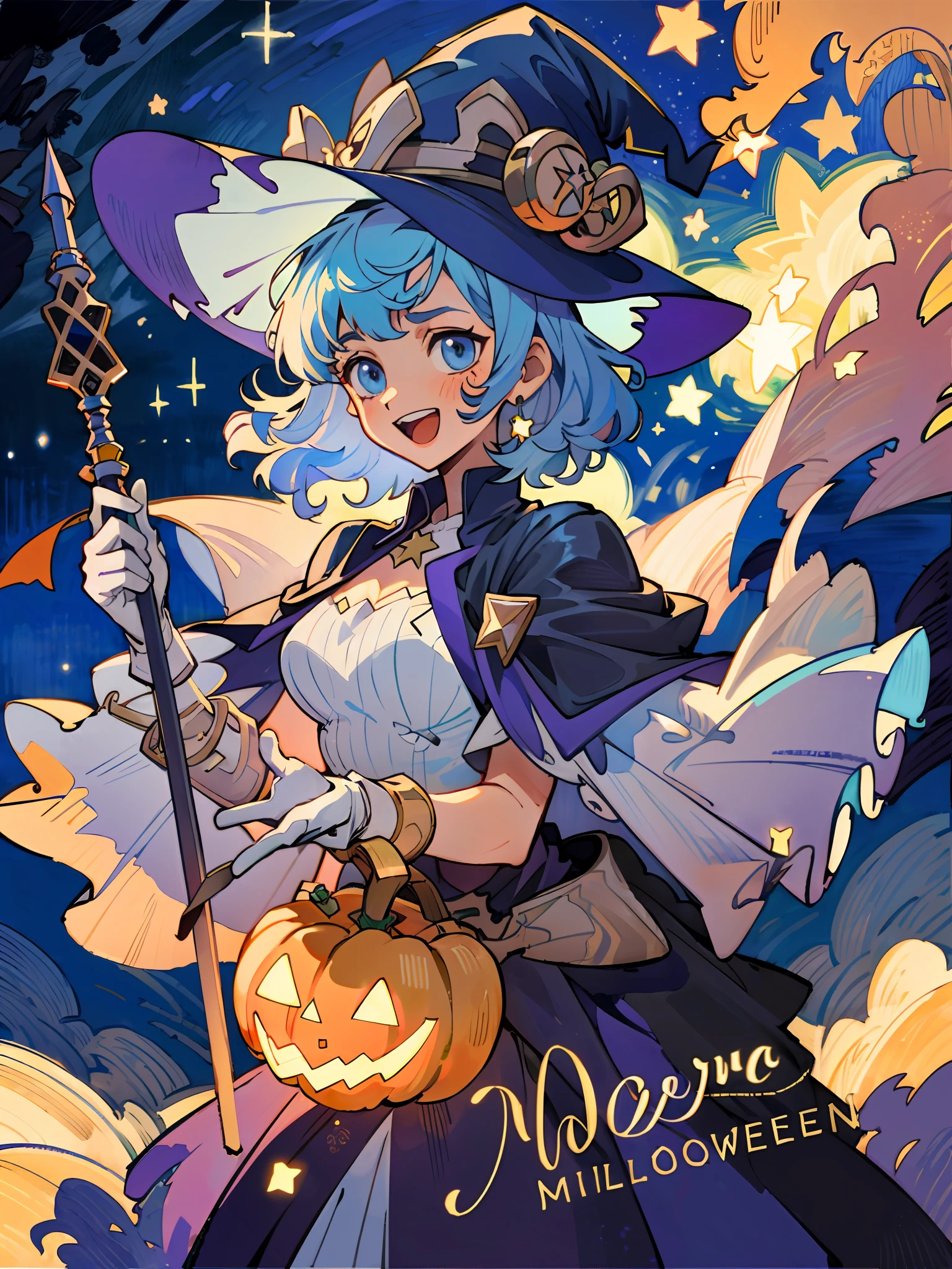 ((masterpiece:1.2, best quality)), 1girl, solo, (witch hat), a close up of a girl with curl hair, short hair, dress, aurora, night, star (sky), gloves, sky, dress, night sky, open mouth, starry sky, light blue eyes, ribbons, smile, cape, blue hair, magic, casting spell, night, (impressionism:1.4), alphonse mucha, Halloween colors, colorful candy