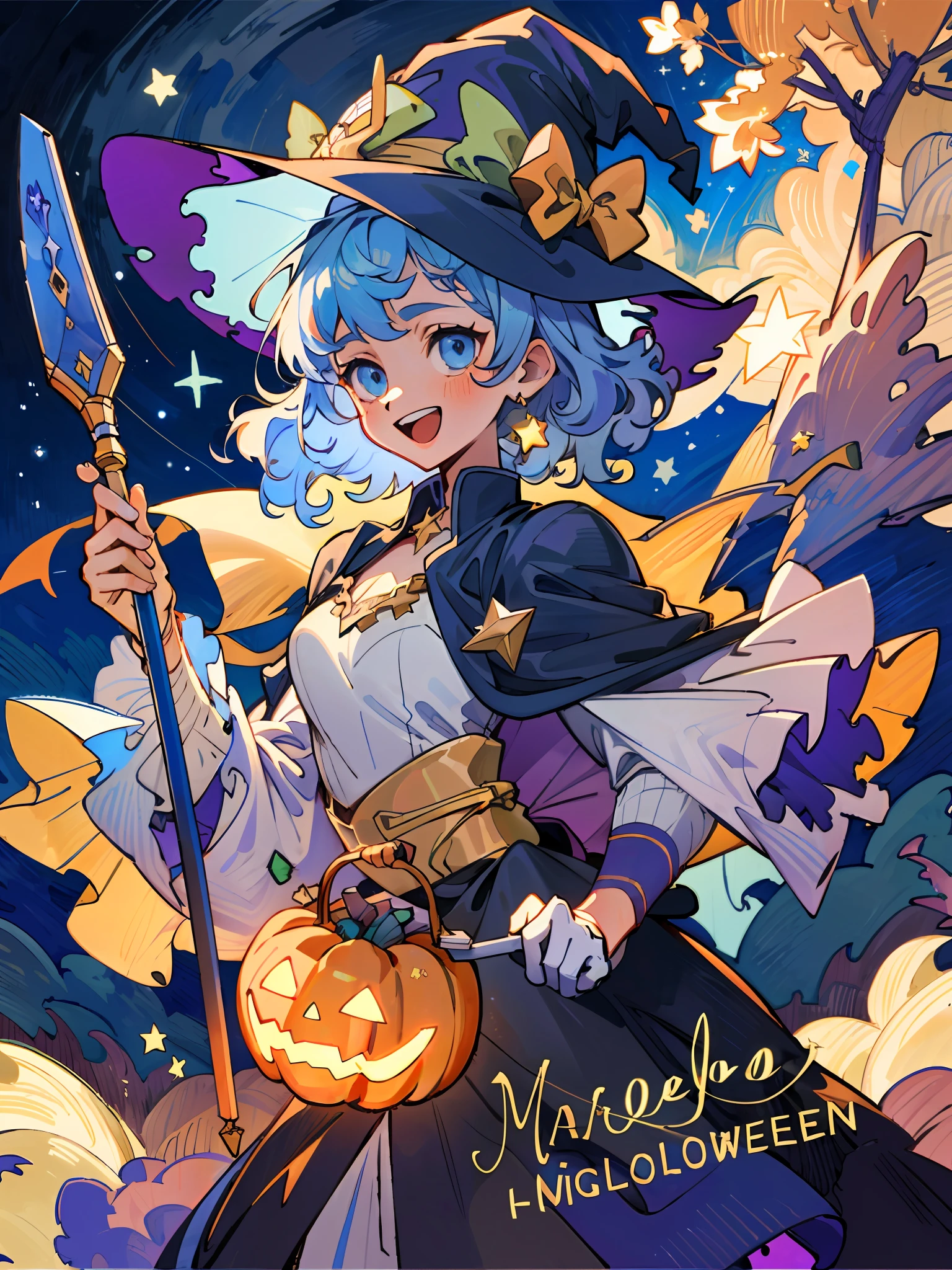 ((masterpiece:1.2, best quality)), 1girl, solo, (witch hat), a close up of a girl with curl hair, short hair, dress, aurora, night, star (sky), gloves, sky, dress, night sky, open mouth, starry sky, light blue eyes, ribbons, smile, cape, blue hair, magic, casting spell, night, (impressionism:1.4), alphonse mucha, Halloween colors, colorful candy