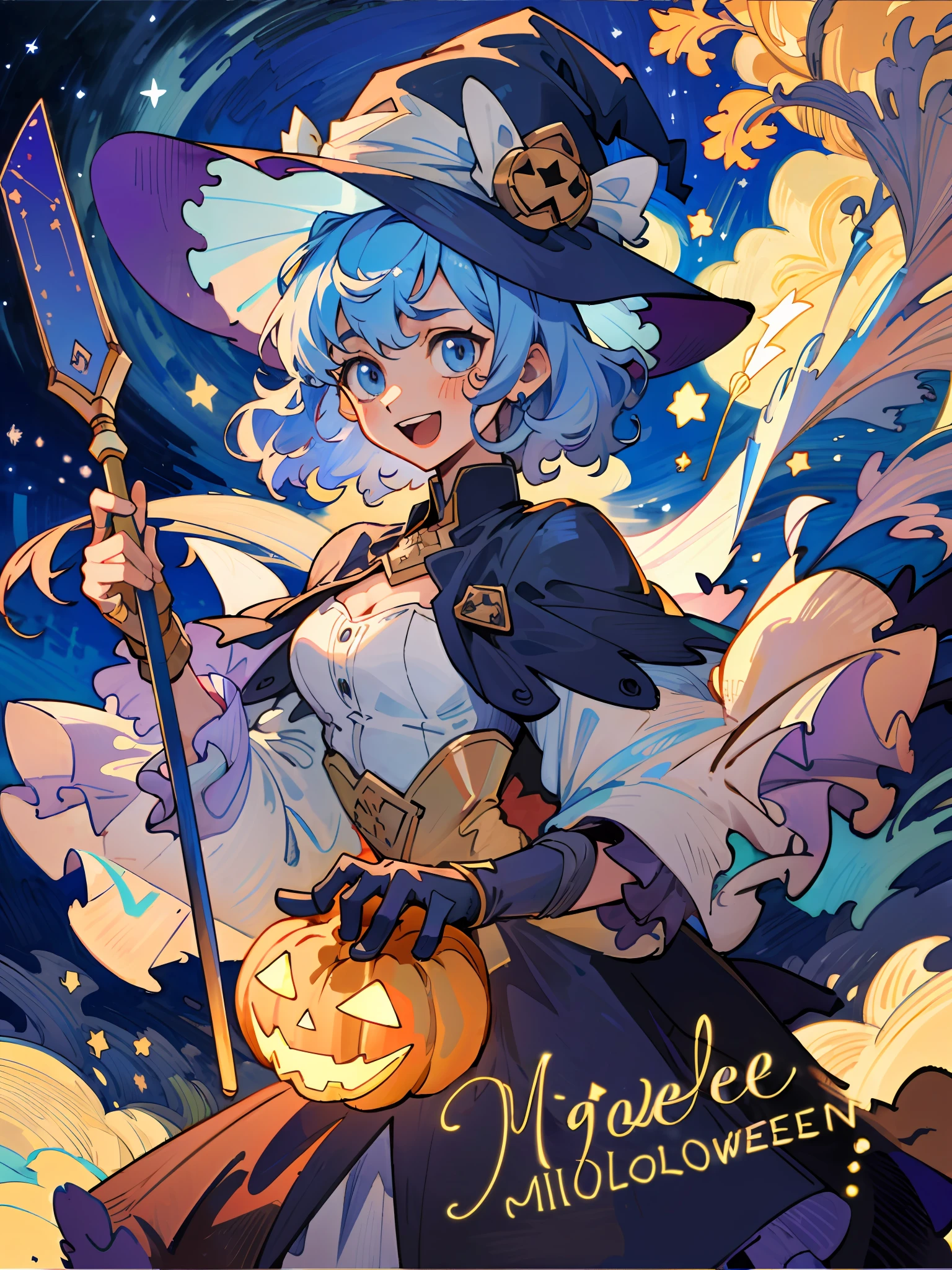 ((masterpiece:1.2, best quality)), 1girl, solo, (witch hat), a close up of a girl with curl hair, short hair, dress, aurora, night, star (sky), gloves, sky, dress, night sky, open mouth, starry sky, light blue eyes, ribbons, smile, cape, blue hair, magic, casting spell, night, (impressionism:1.4), alphonse mucha, Halloween colors, colorful candy