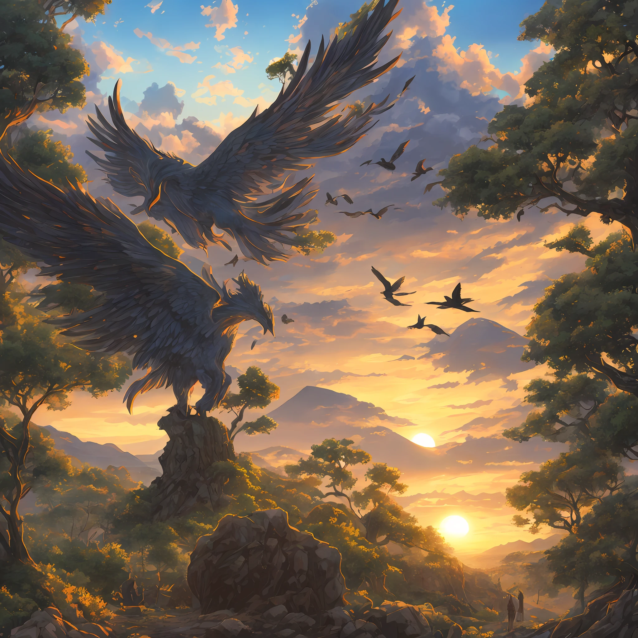 The phoenix divine beast on the plane tree, facing the rising sun, the clouds of the fairy mountains in the distance, birds and beasts, the ancient atmosphere, anime style, the best quality --auto