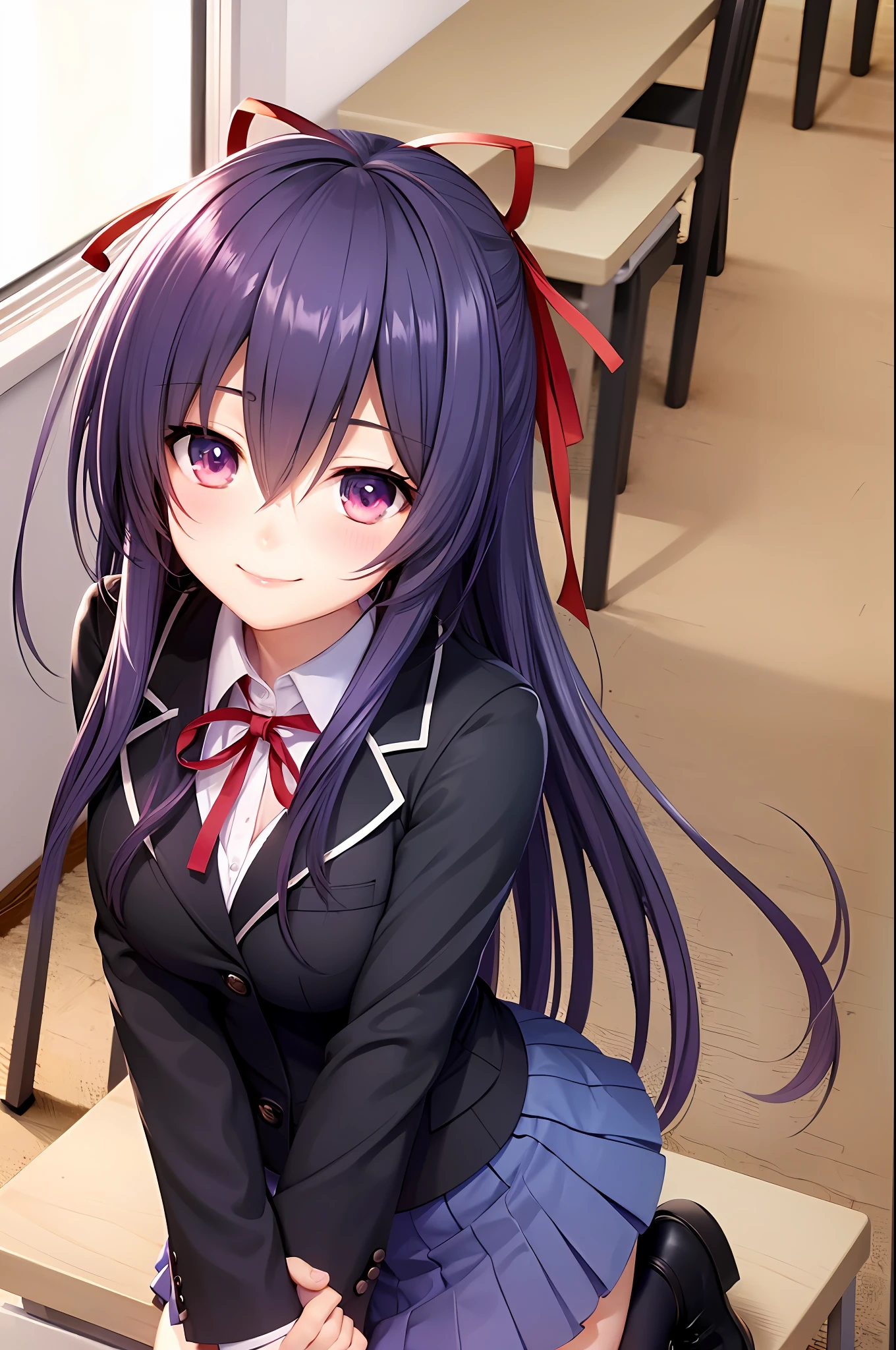 Yatogami tohka, school uniform, blazer, cleavage, medium breasts, best quality, long hair, pony tail, red ribbon hair, masterpiece, highres, best quality, blush, smile shy, sexy pose, indoor, chair, classroom, window, pleated skirt, stocking, thighhigh,