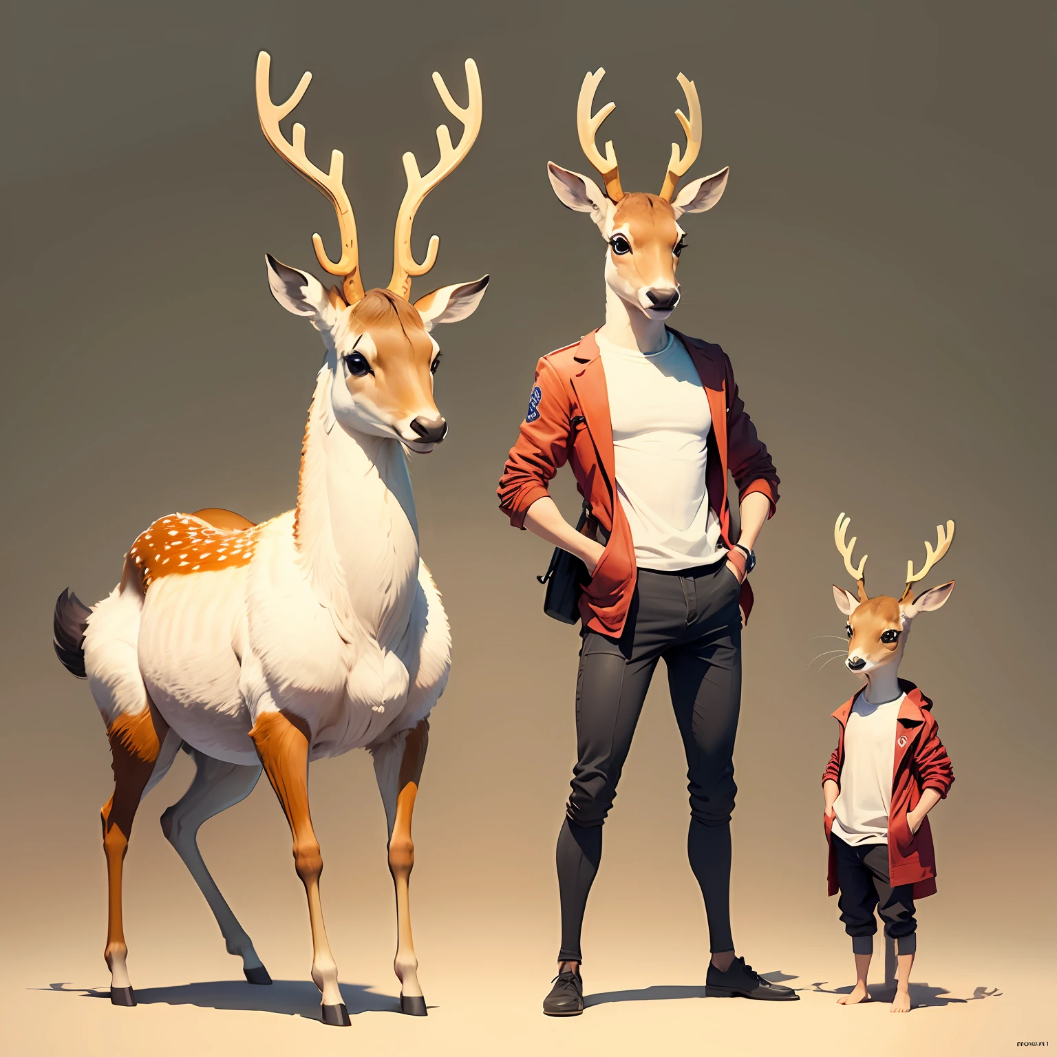 Anthropomorphic deer front cute full body Q version solid color background