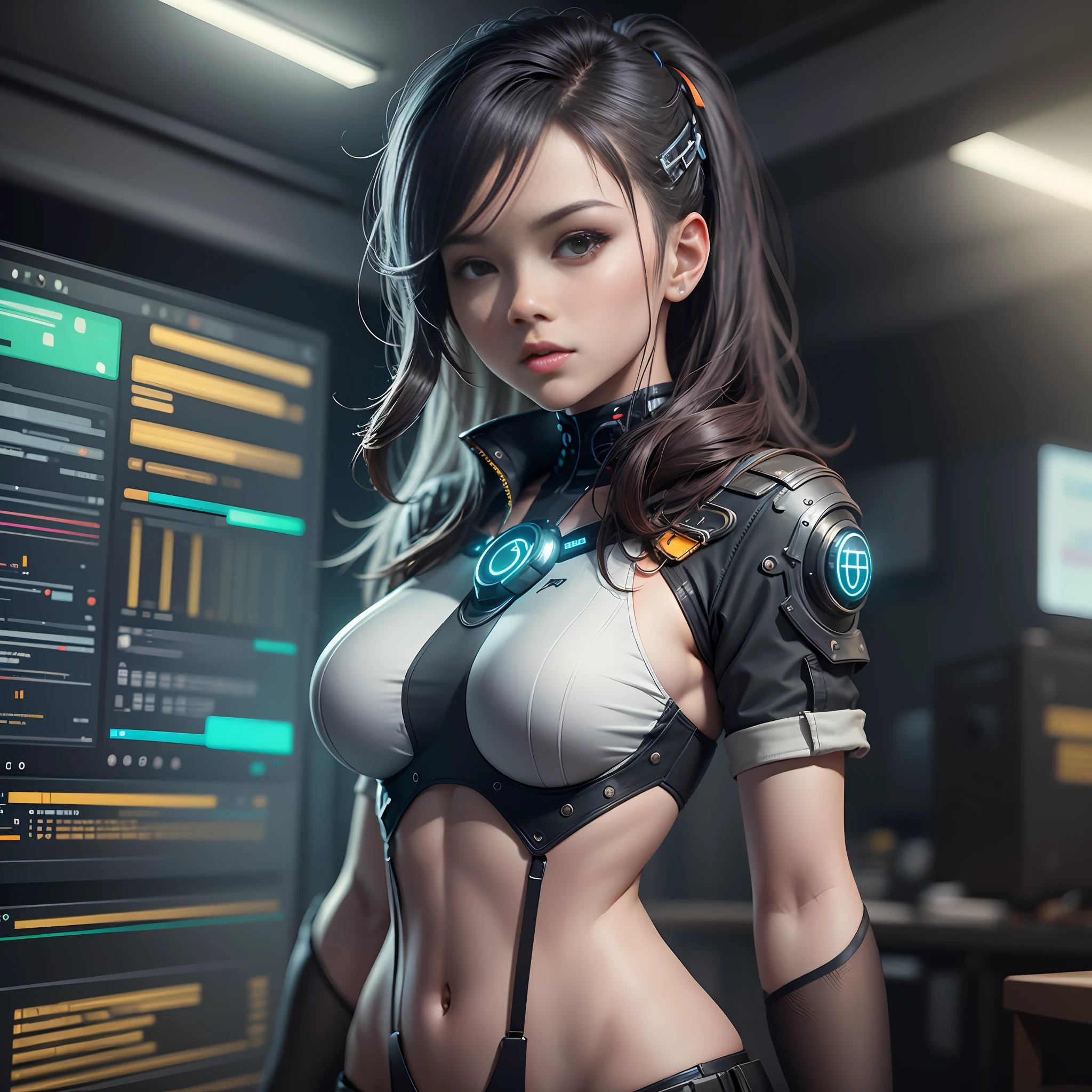 ((Best Quality)), ((Masterpiece)), (Highly Detailed: 1.3), 3D, Beautiful (Cyberpunk: 1.3) Female hacker, hideous hair, revealing clothing, working computer terminals, computer servers, LCD screens, fiber optic cables, corporate logos, HDR (High Dynamic Range), ray tracing, NVIDIA RTX, Super Resolution, Unreal 5, Subsurface scattering, PBR textures, Post-processing, Anisotropic filtering, Depth of field, Maximum sharpness and sharpness, Multi-layer textures, Specular and albedo mapping, surface shading, precise simulation of light-material interactions, perfect proportions, octane rendering, duotone lighting, low ISO, white balance, rule of thirds, wide aperture, 8K RAW, high subpixels efficiency, sub-pixel convolution, luminous particles, --auto --s2