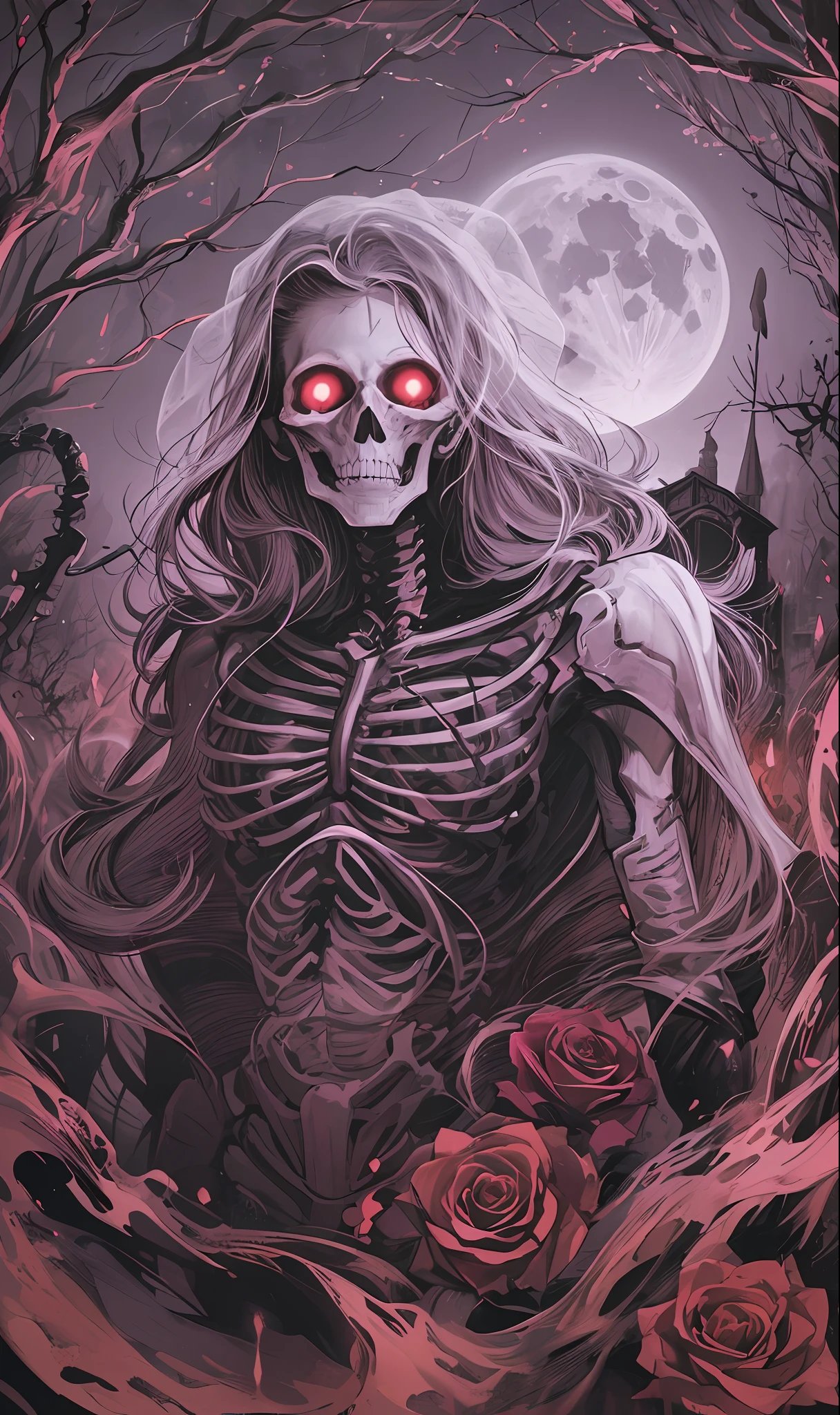 creepy, full moon, fantasy, skeleton, solo, wedding, rose, tombstone mobile wallpaper, psychedelic, ((masterpiece, high resolution)), dubbing, Pinterest, Instagram posts, ((8k, high detail)), dark lightning, ((line art)), (man type), broad shoulders, hard trance