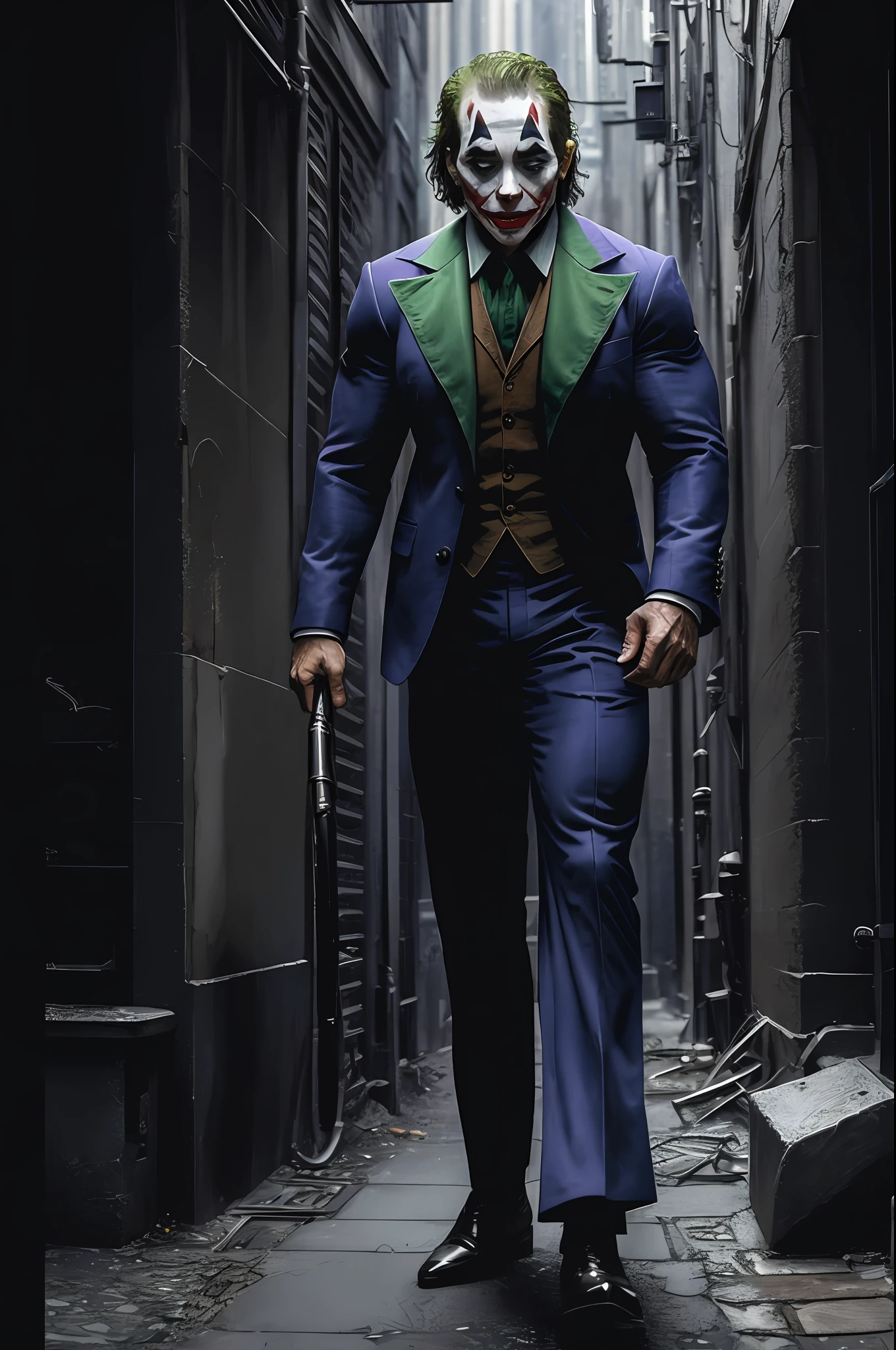(16k, RAW photo, best quality, masterpiece: 1.2), ultra-detailed, formal art, photo realism: 1.37, full body photo, (man, beauty,( Dwayne Johnson)film grain, villain action pose ((Joker))details