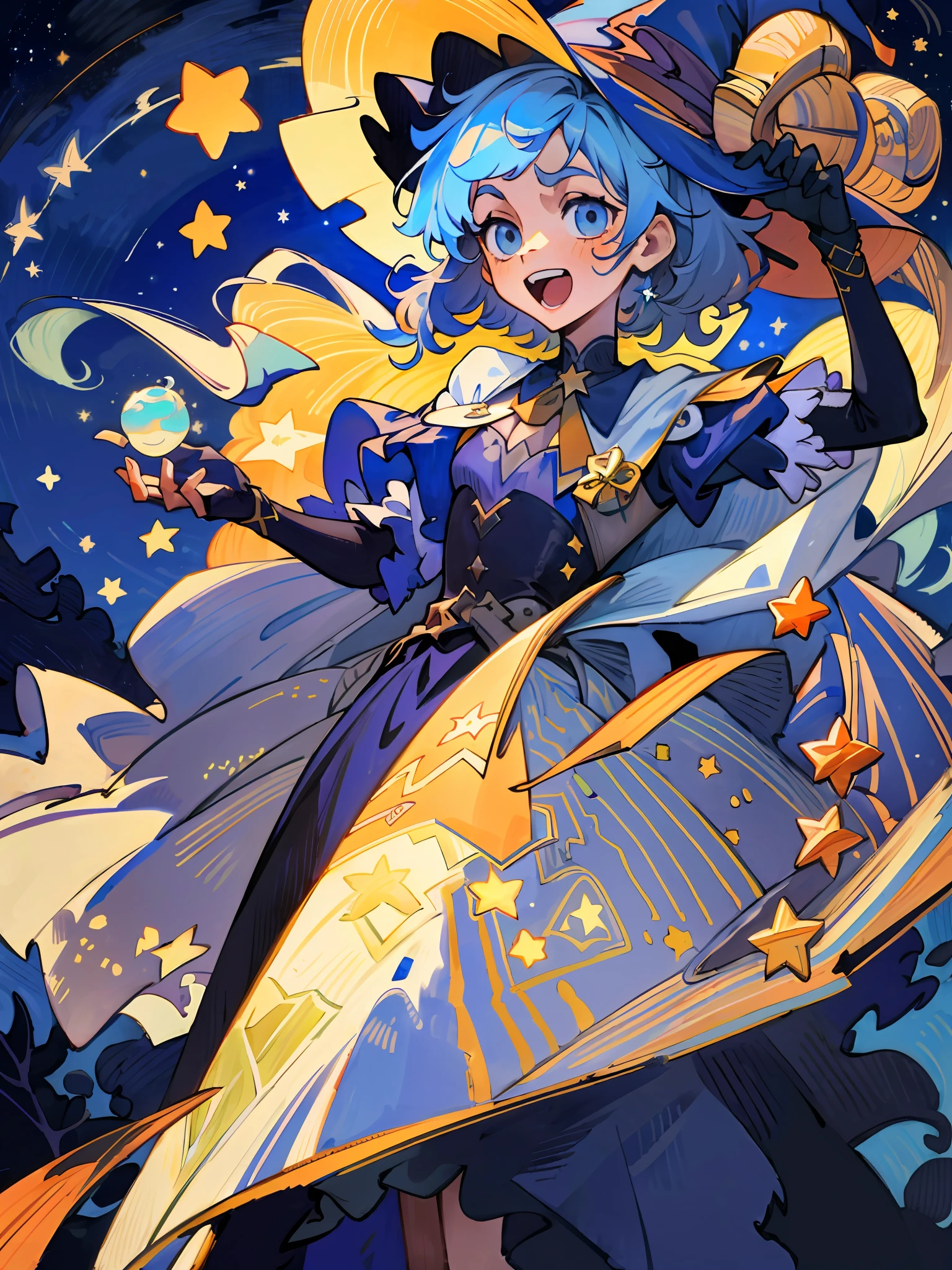 ((masterpiece:1.2, best quality)), 1girl, solo, (witch hat), a close up of a girl with curl hair, short hair, dress, aurora, night, star (sky), gloves, sky, dress, night sky, open mouth, starry sky, light blue eyes, ribbons, smile, cape, blue hair, magic, casting spell, night, (impressionism:1.4), alphonse mucha, Halloween colors, colorful candy