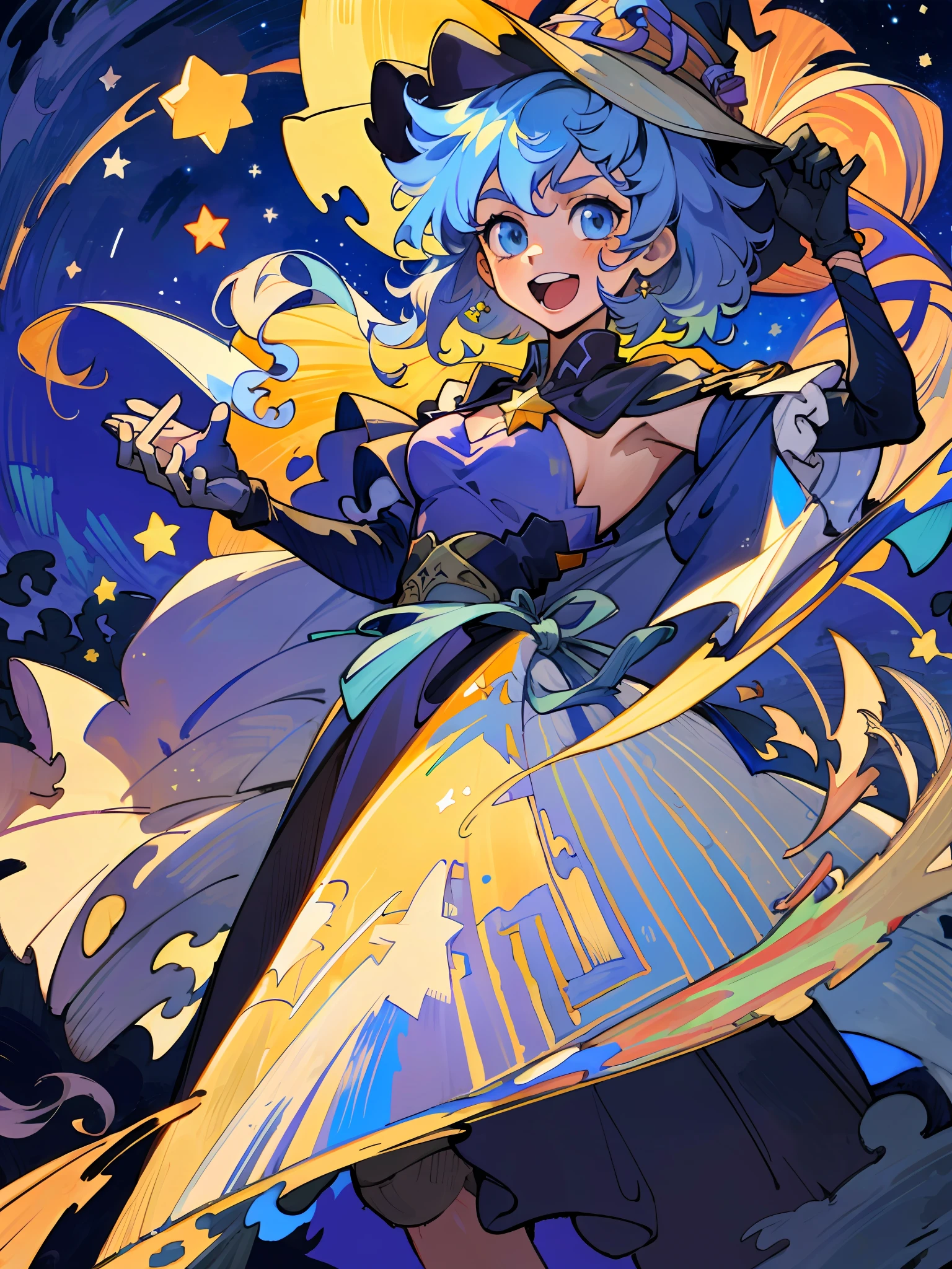 ((masterpiece:1.2, best quality)), 1girl, solo, (witch hat), a close up of a girl with curl hair, short hair, dress, aurora, night, star (sky), gloves, sky, dress, night sky, open mouth, starry sky, light blue eyes, ribbons, smile, cape, blue hair, magic, casting spell, night, (impressionism:1.4), alphonse mucha, Halloween colors, colorful candy